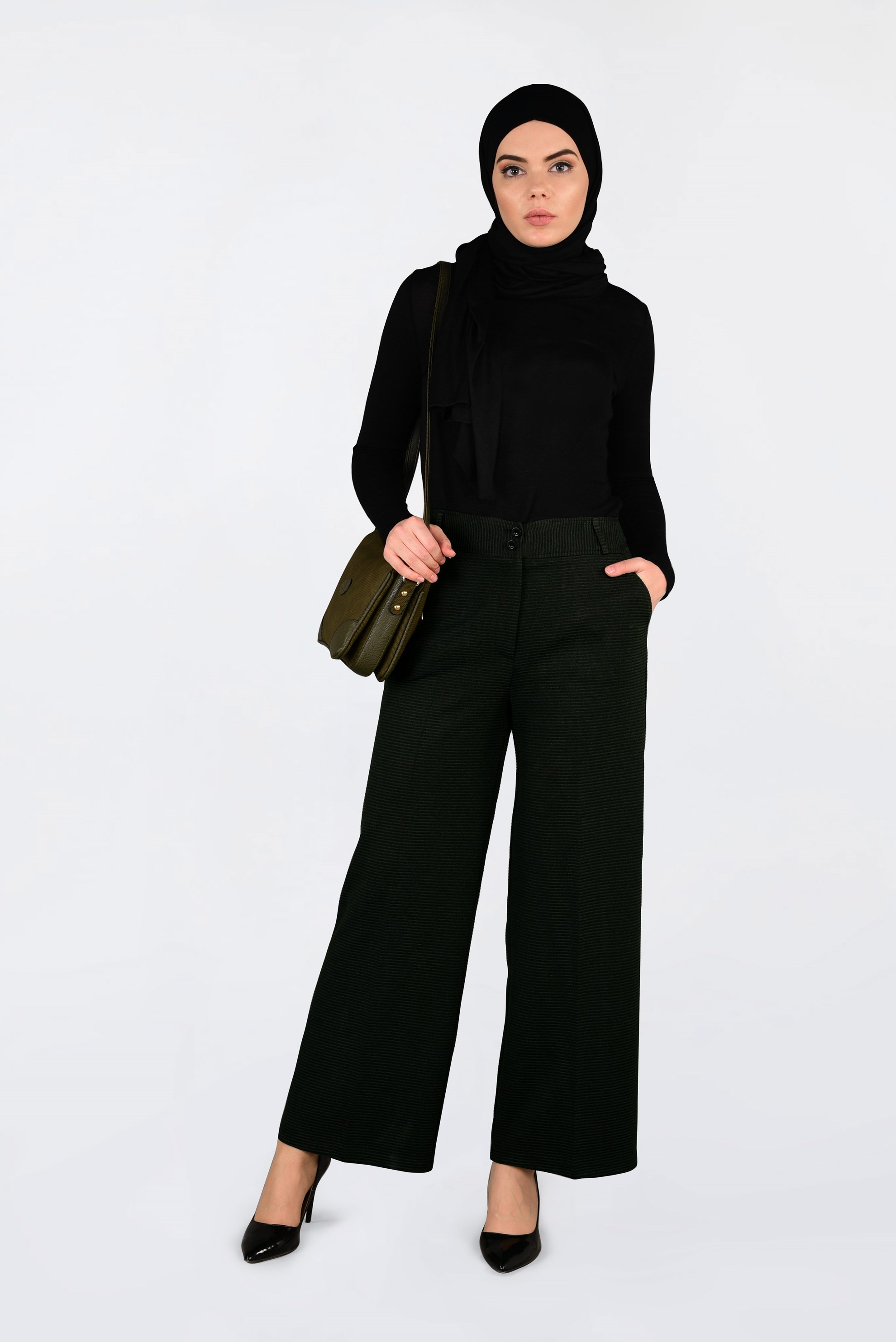 Tesettür giyim HAKİ FİTİLLİ BOL KESİM PANTOLON 7448 