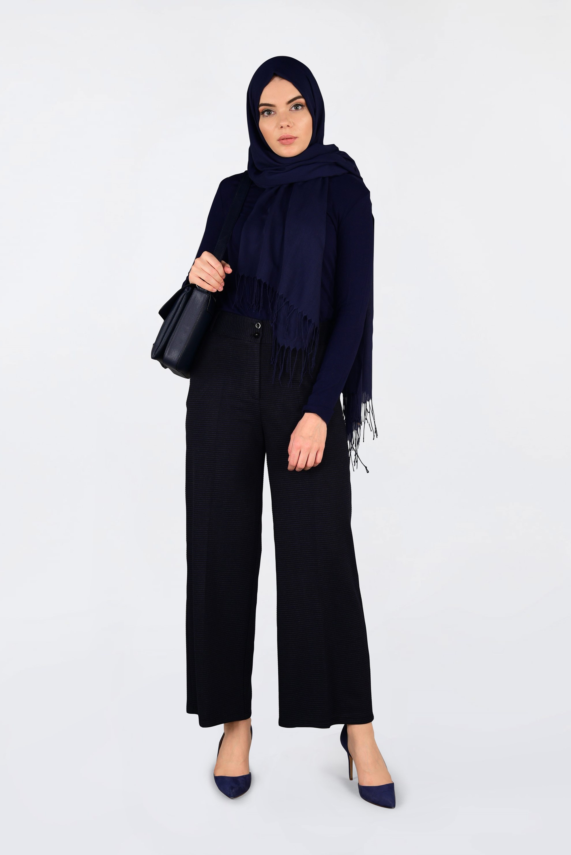 Tesettür giyim LACİVERT FİTİLLİ BOL KESİM PANTOLON 7448 
