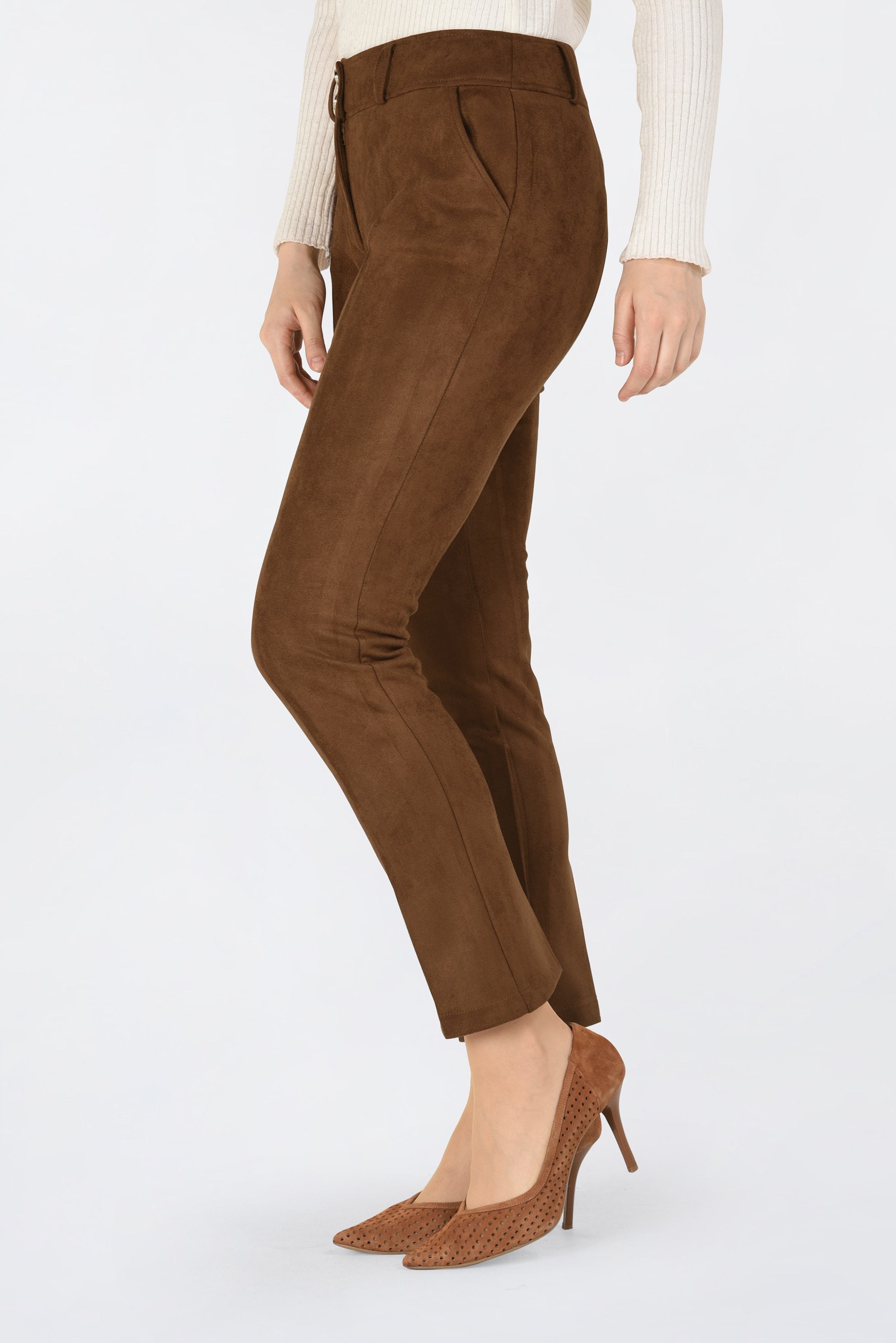 Tesettür giyim KAHVE DAR PAÇA SÜET PANTOLON 7449 