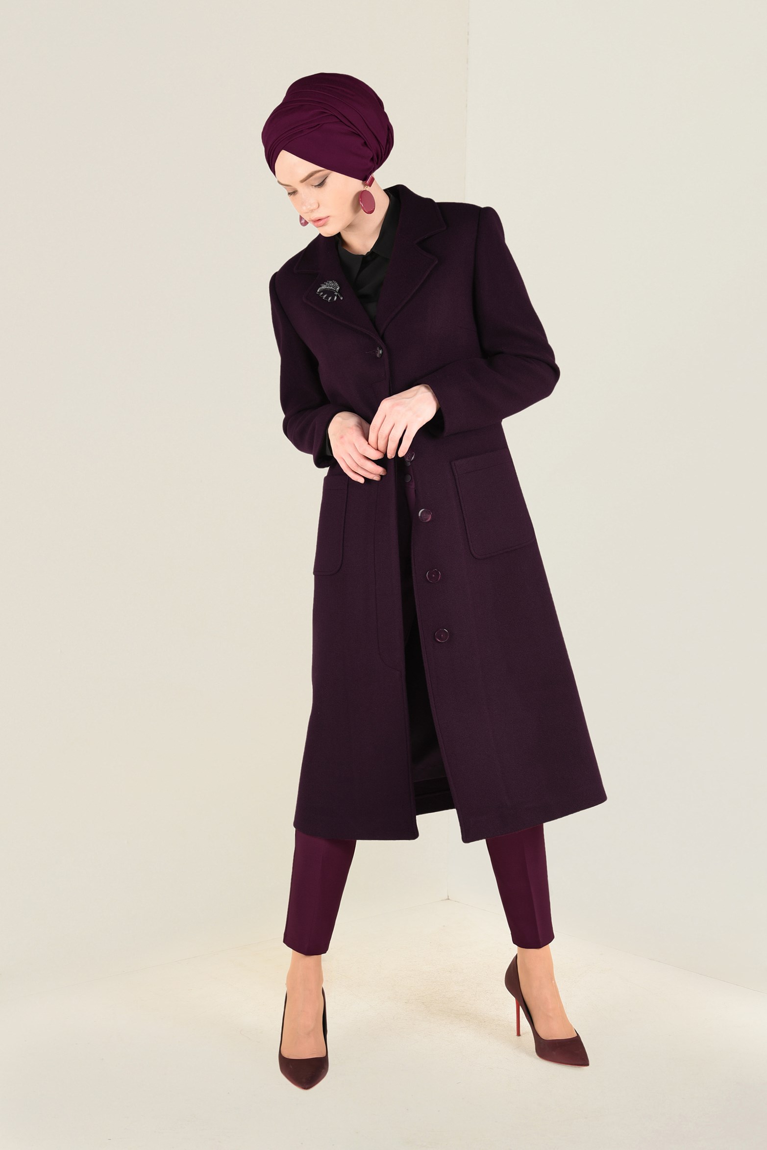 Tesettür giyim BORDO YÜKSEK BEL DÜĞMELİ PANTOLON 7408-1