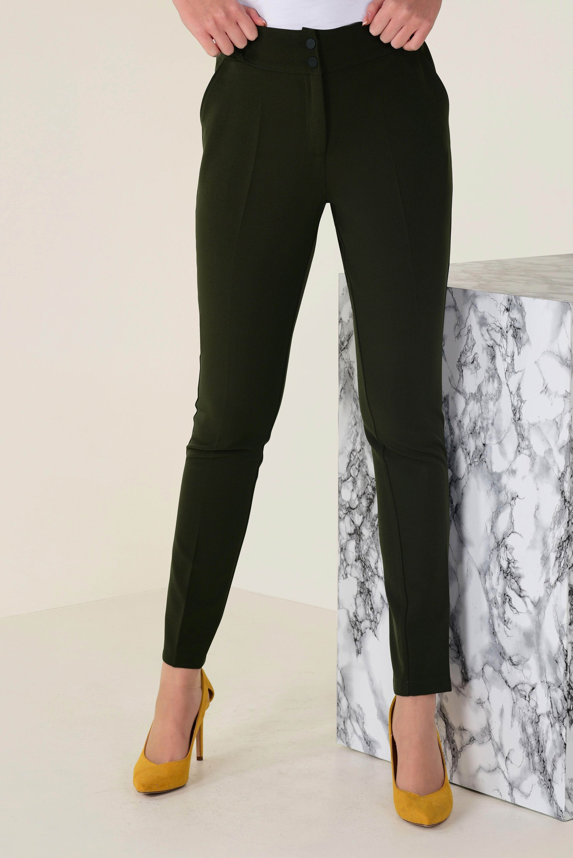 Tesettür giyim HAKİ YÜKSEK BEL DÜĞMELİ PANTOLON 7408-1