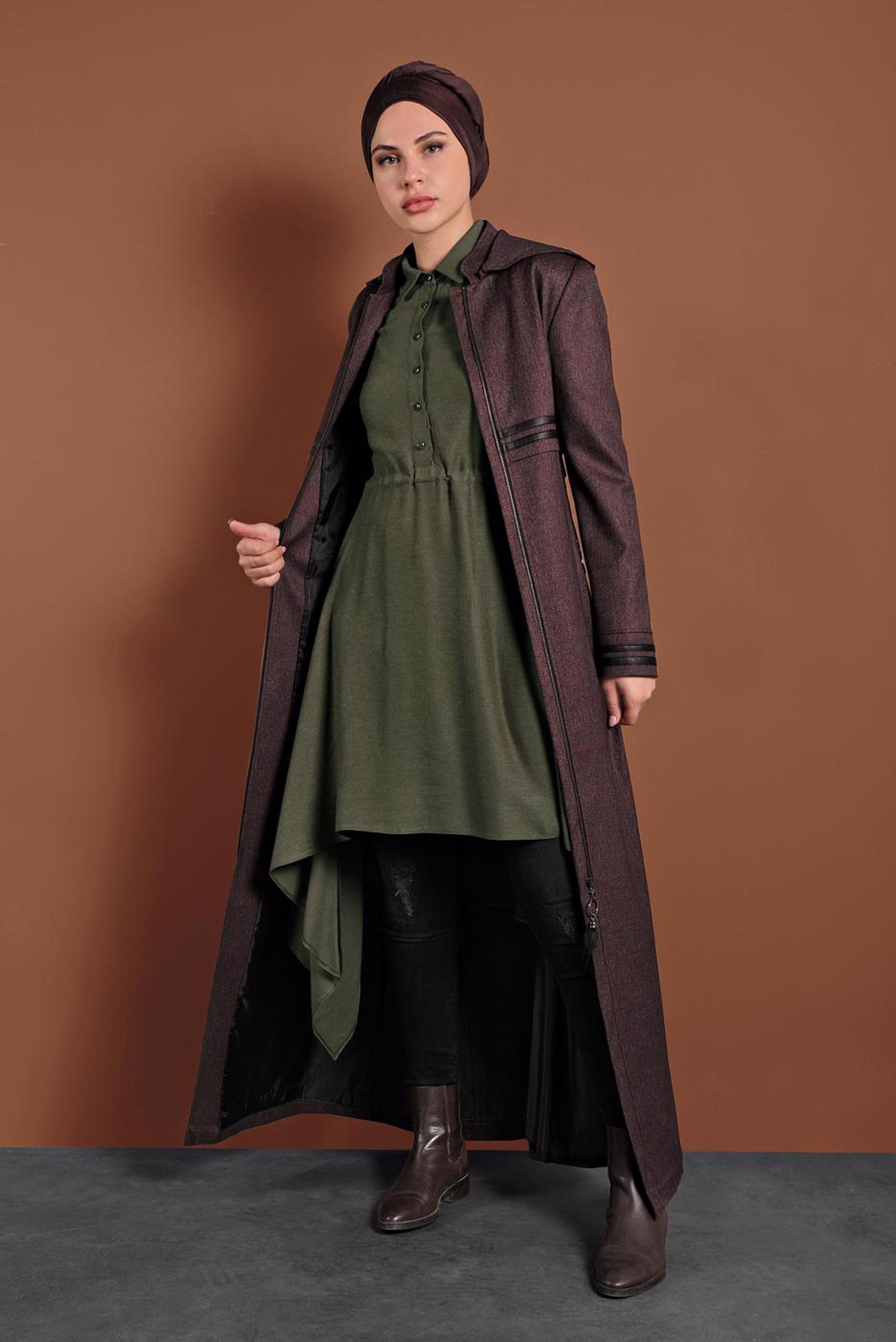 Tesettür giyim BORDO BELİ KUŞAKLI KAPÜŞONLU PARDESÜ 1311