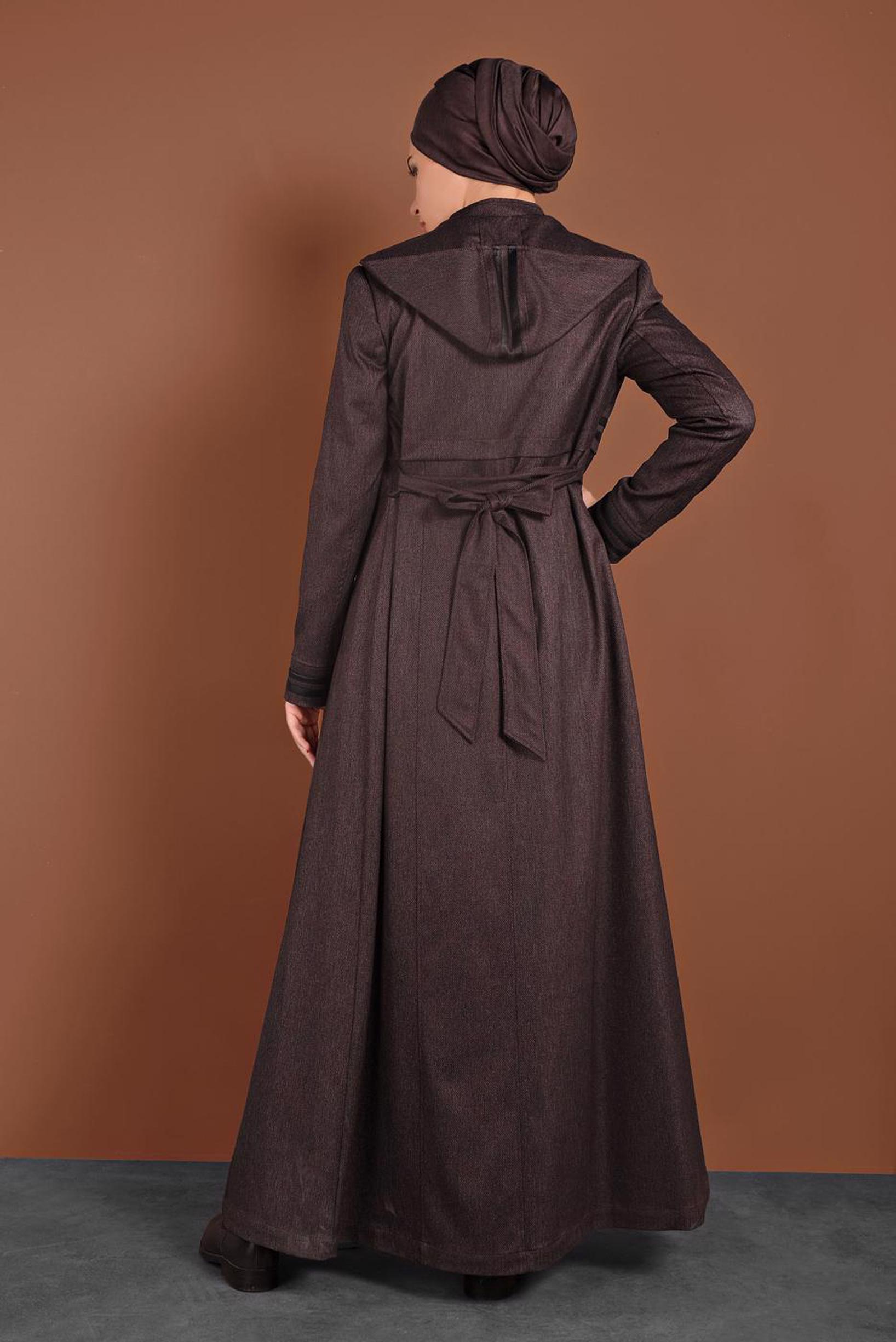 Tesettür giyim BORDO BELİ KUŞAKLI KAPÜŞONLU PARDESÜ 1311