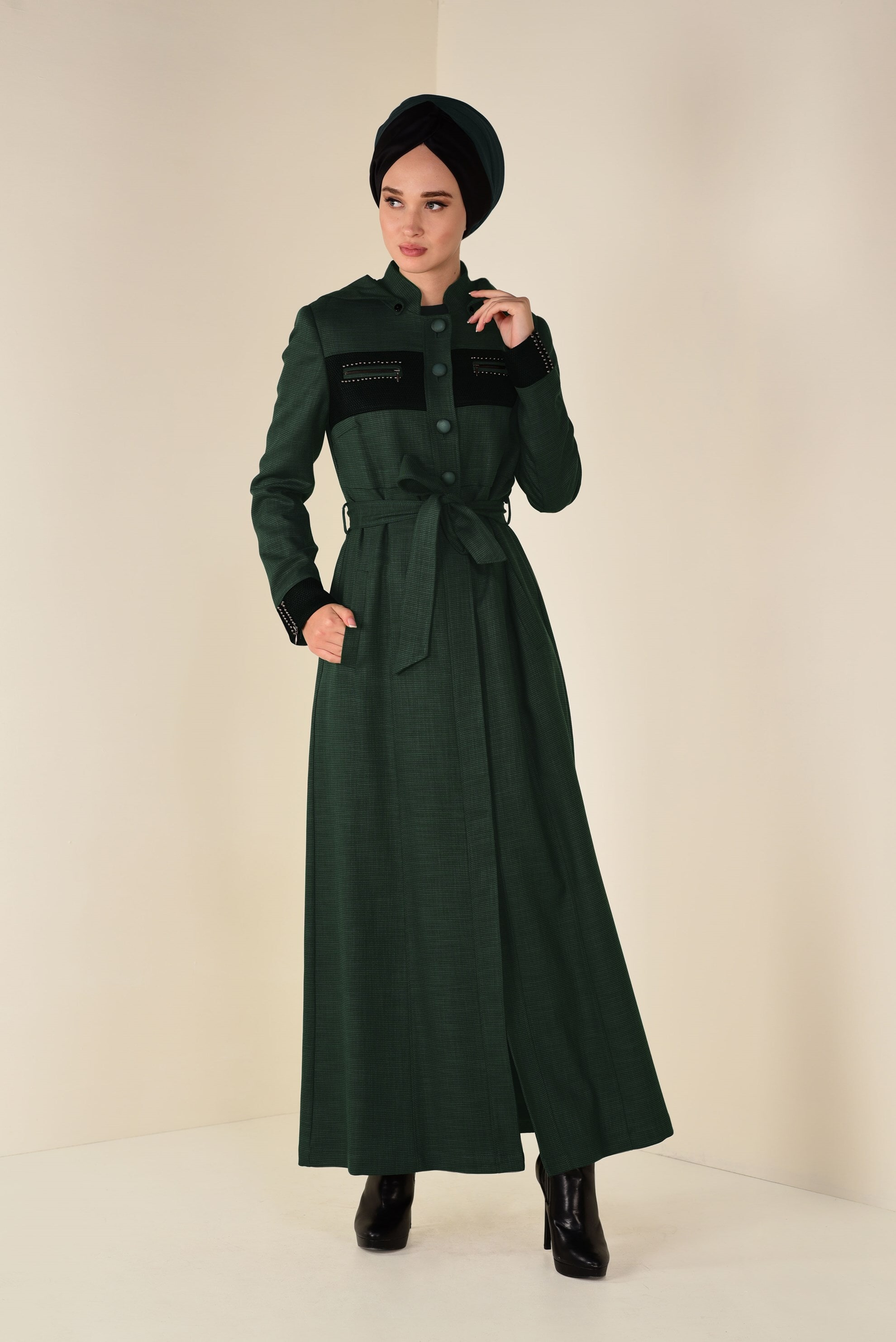 Tesettür giyim HAKİ DÜĞMELİ KEMER DETAYLI PARDESÜ 1312