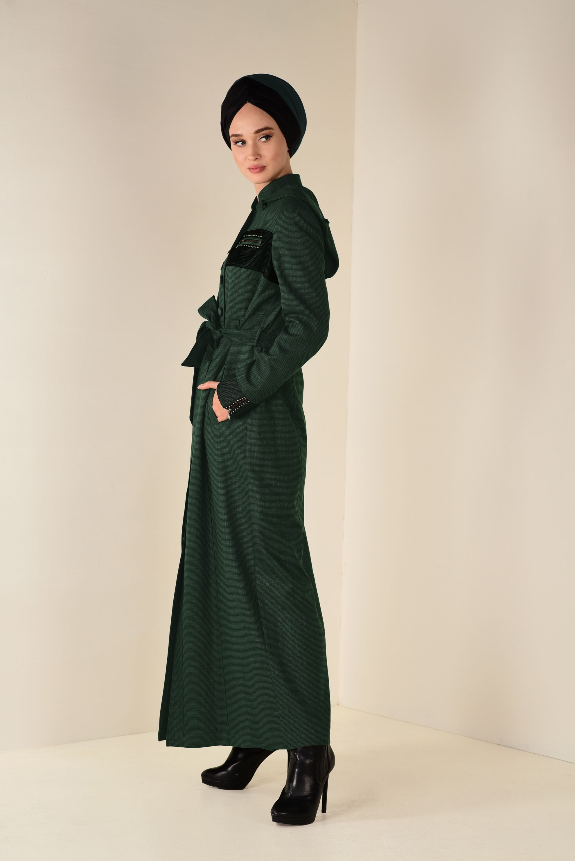 Tesettür giyim HAKİ DÜĞMELİ KEMER DETAYLI PARDESÜ 1312