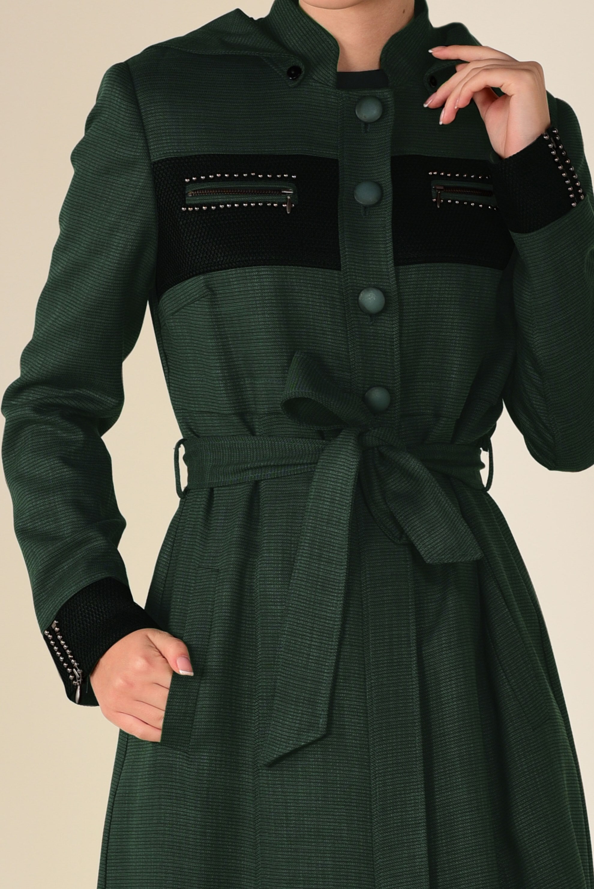 Tesettür giyim HAKİ DÜĞMELİ KEMER DETAYLI PARDESÜ 1312