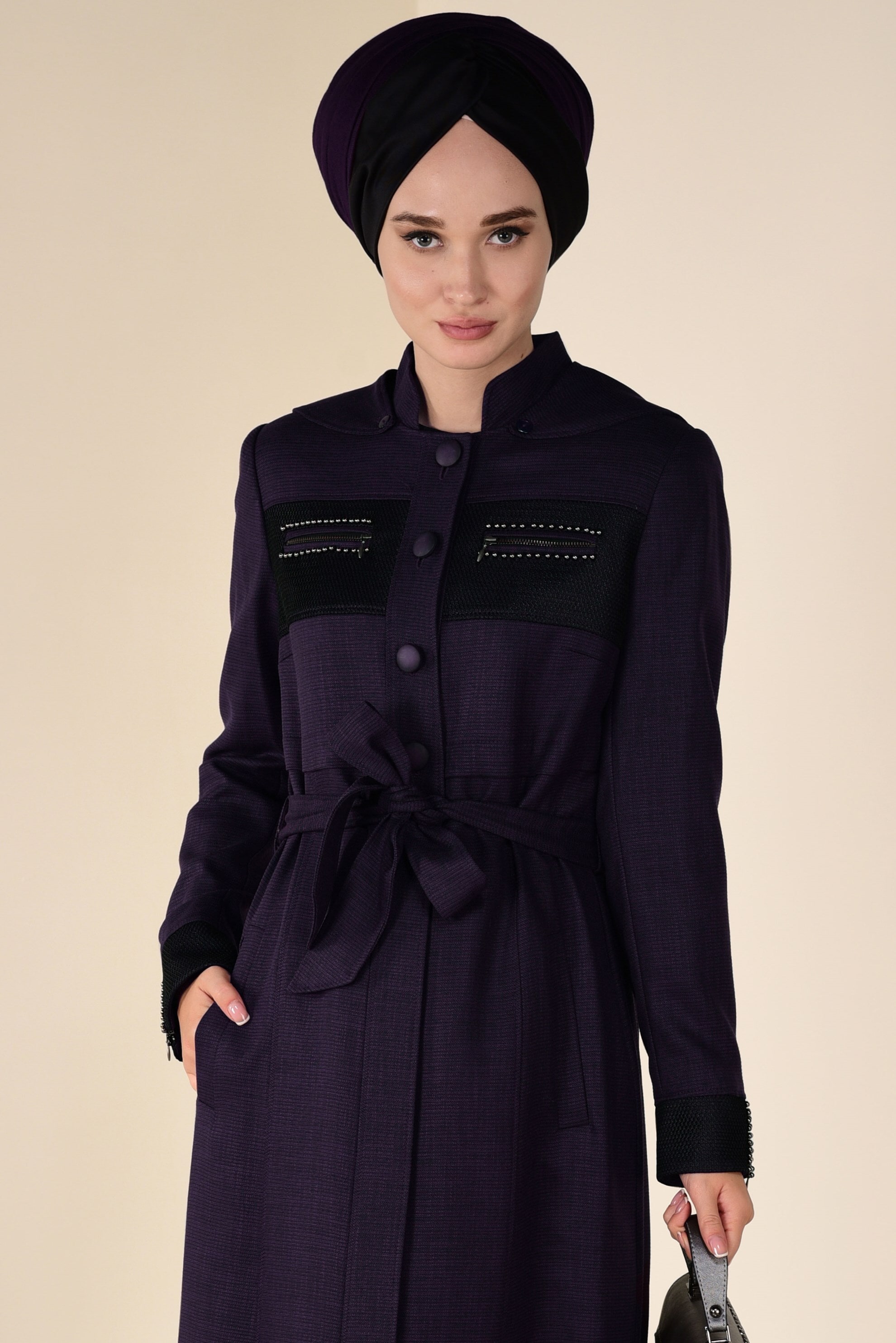 Tesettür giyim MÜRDÜM DÜĞMELİ KEMER DETAYLI PARDESÜ 1312