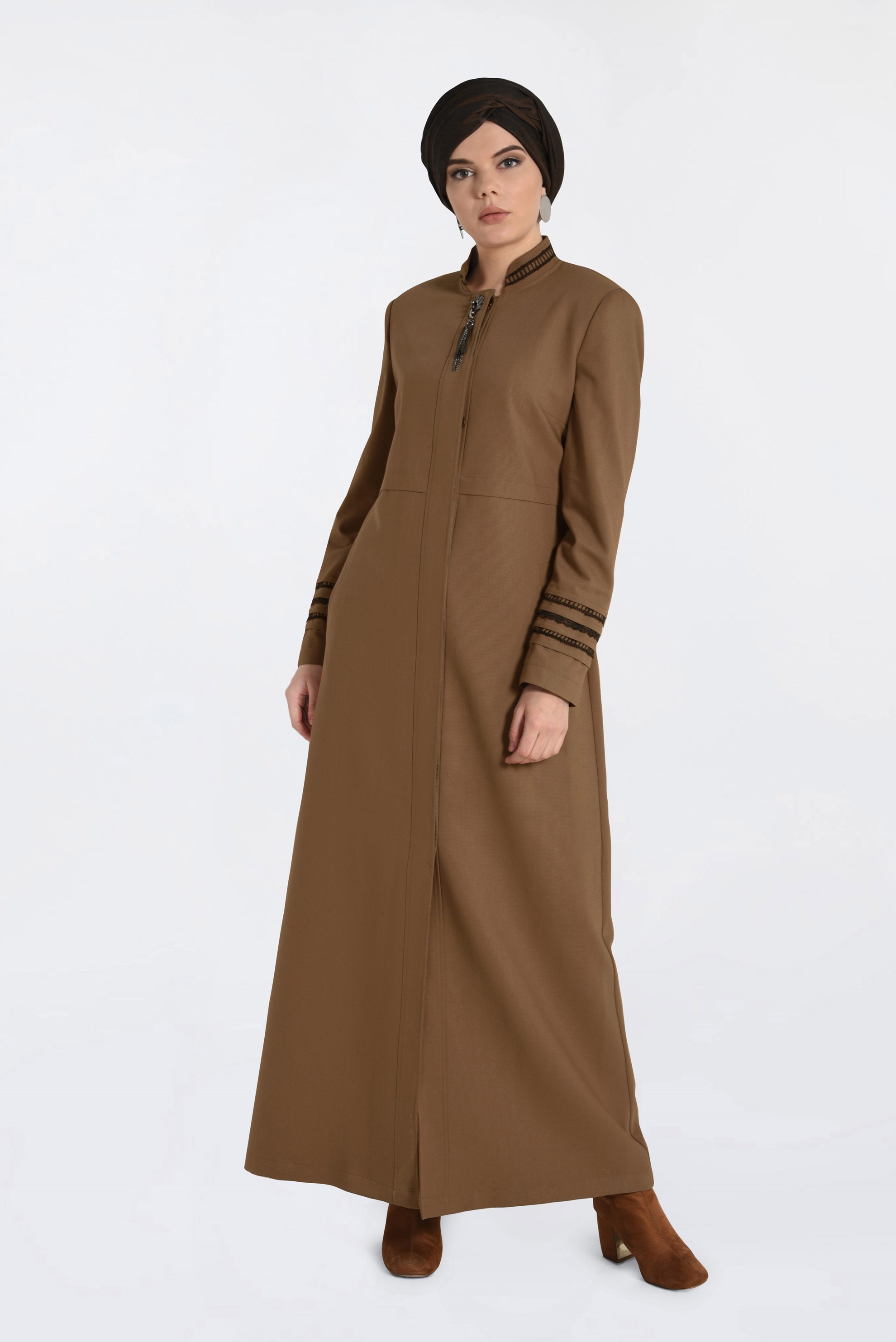 Tesettür giyim SARI HAKİM YAKA GİZLİ DÜĞMELİ PARDESÜ 1314