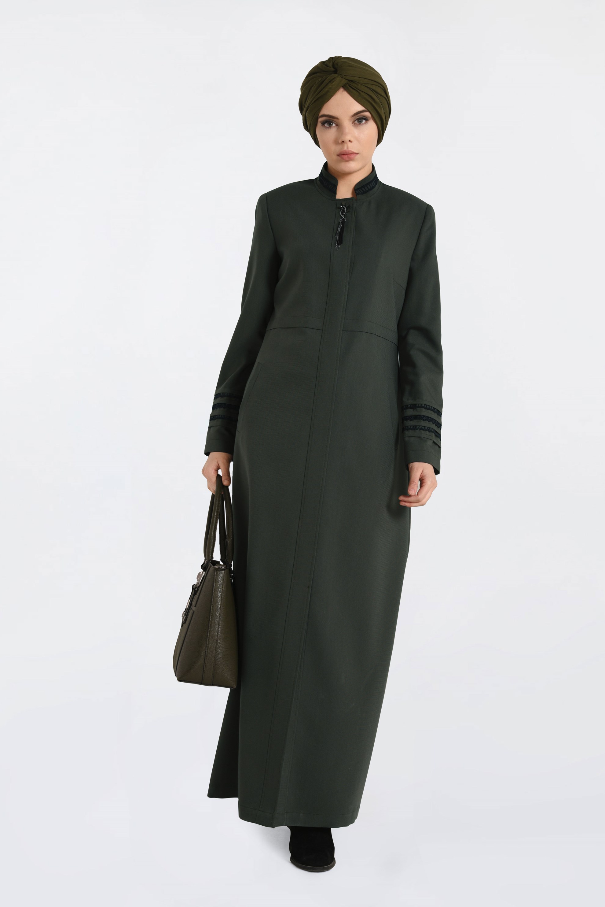 Tesettür giyim HAKİ HAKİM YAKA GİZLİ DÜĞMELİ PARDESÜ 1314