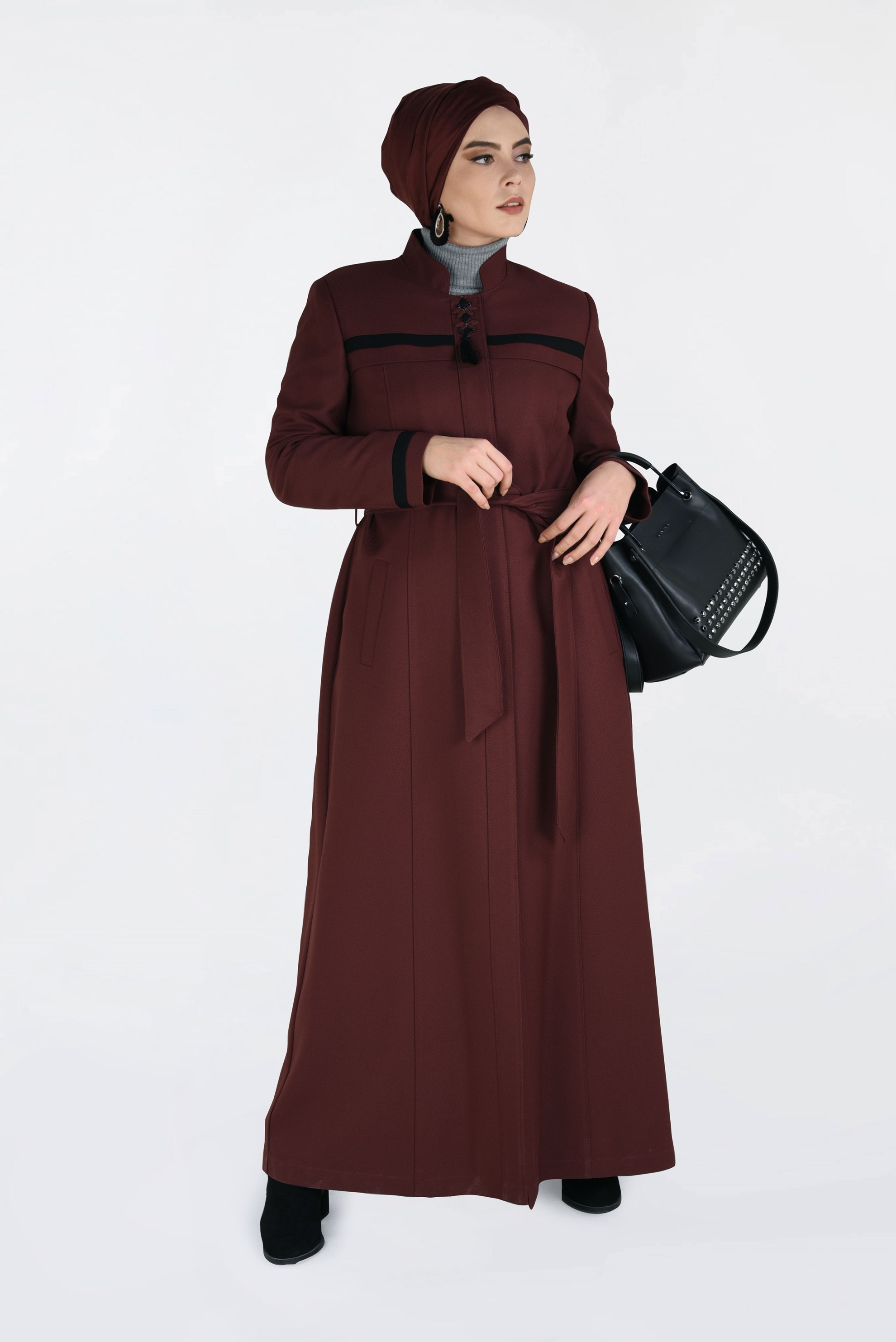 Tesettür giyim TURUNCU BELDEN KUŞAKLI GİZLİ DÜĞMELİ PARDESÜ 1316 