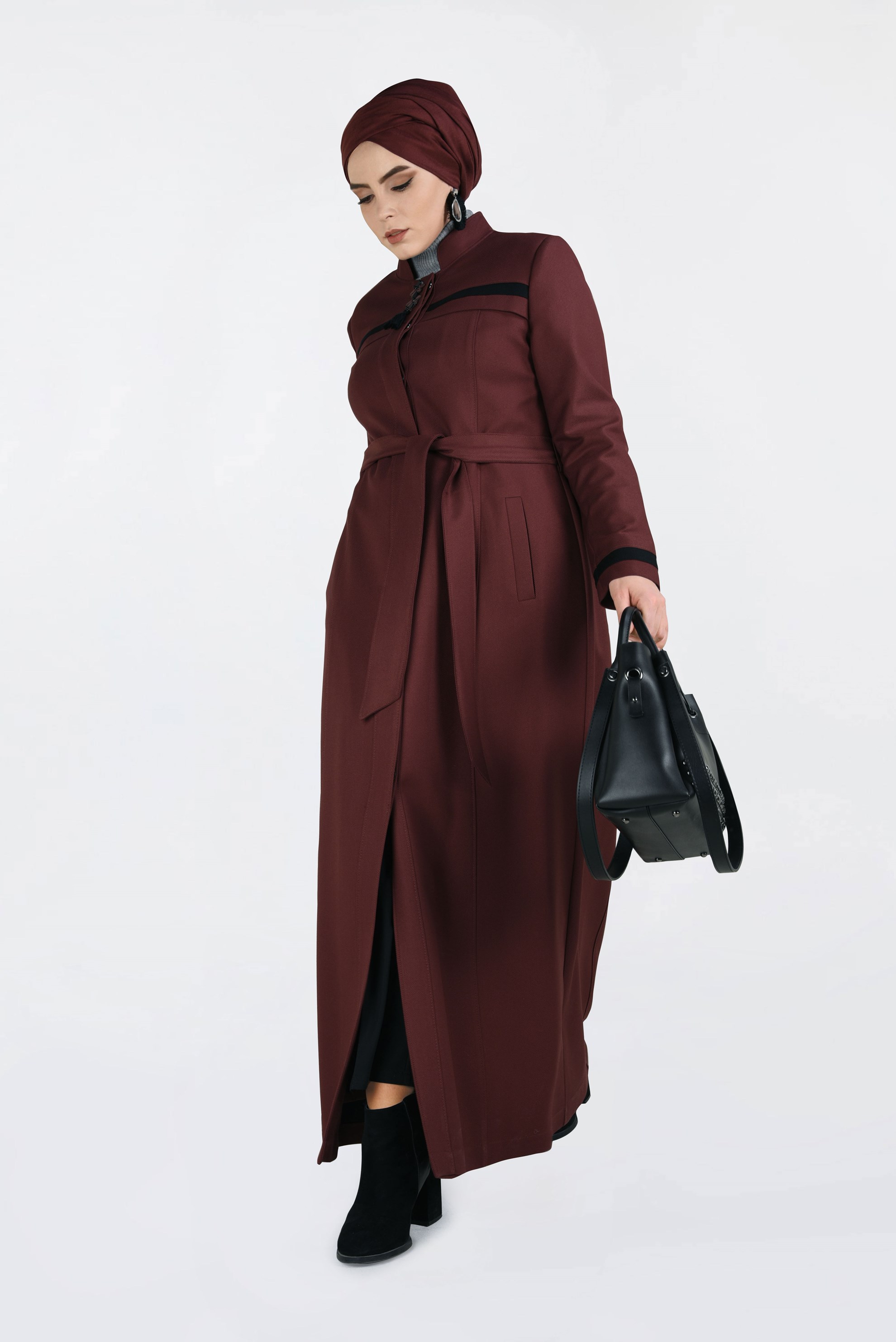 Tesettür giyim TURUNCU BELDEN KUŞAKLI GİZLİ DÜĞMELİ PARDESÜ 1316 