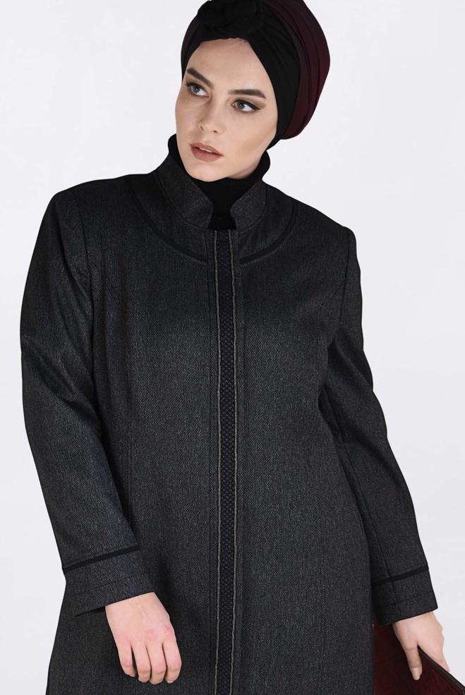 Vêtements hijab NOIR PARDESSUS À BOUTONNÉ À COL MAO 1317  - ALVİNA