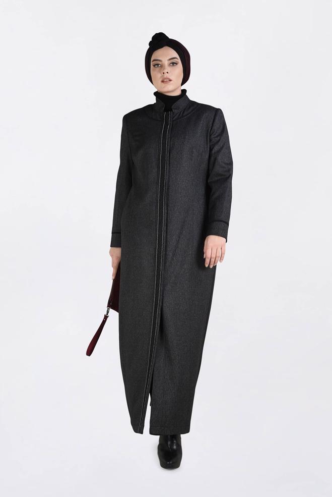 Vêtements hijab NOIR PARDESSUS À BOUTONNÉ À COL MAO 1317  - ALVİNA