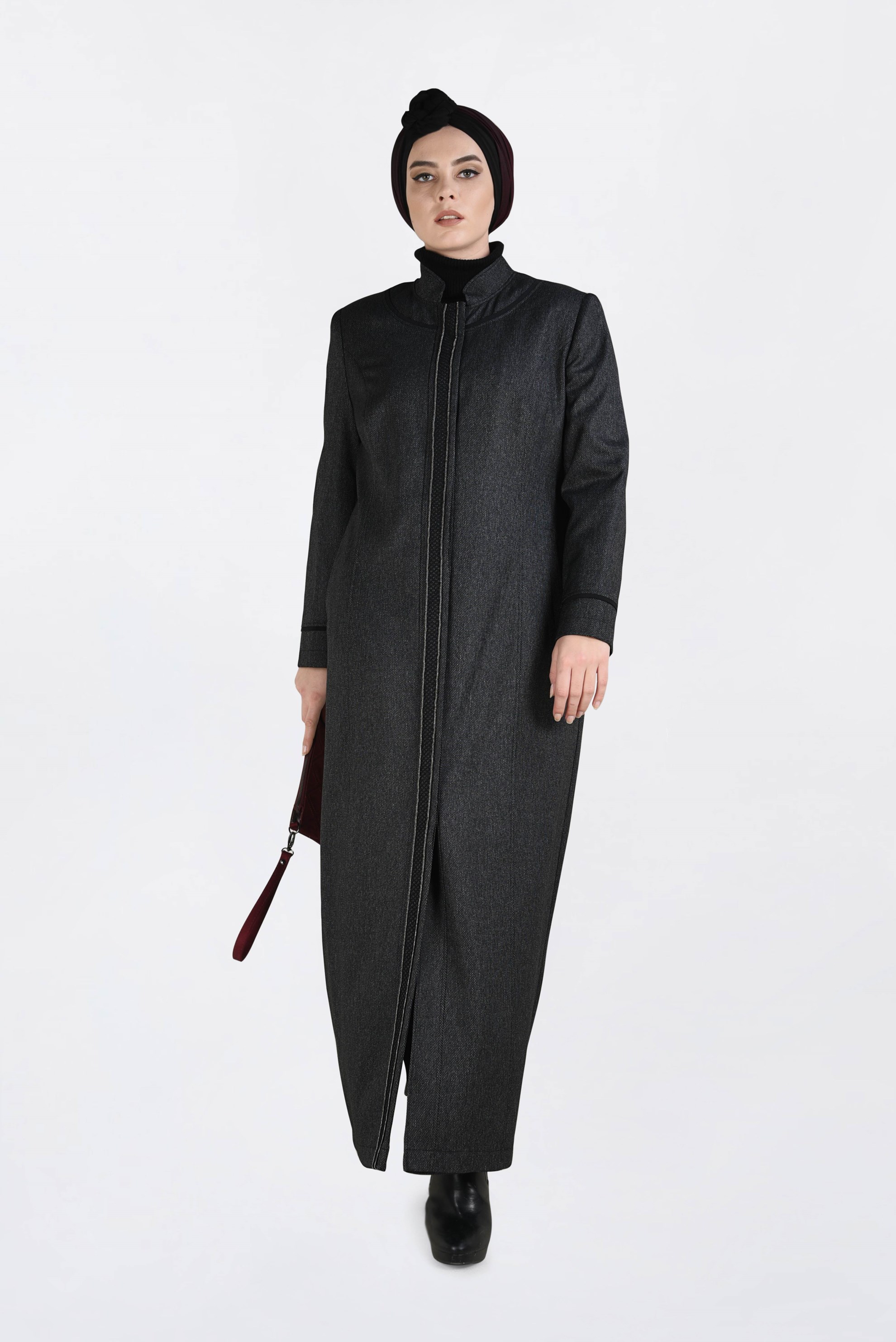 Tesettür giyim SİYAH GİZLİ DÜĞMELİ HAKİM YAKA PARDESÜ 1317 