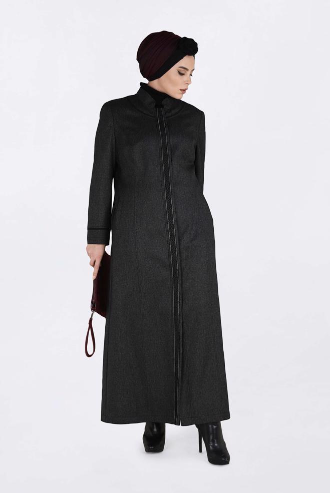 Vêtements hijab NOIR PARDESSUS À BOUTONNÉ À COL MAO 1317  - ALVİNA