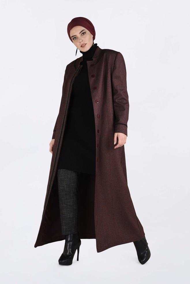 Vêtements hijab ROUGE BORDEAUX PARDESSUS À BOUTONNÉ À COL MAO 1317  - ALVİNA