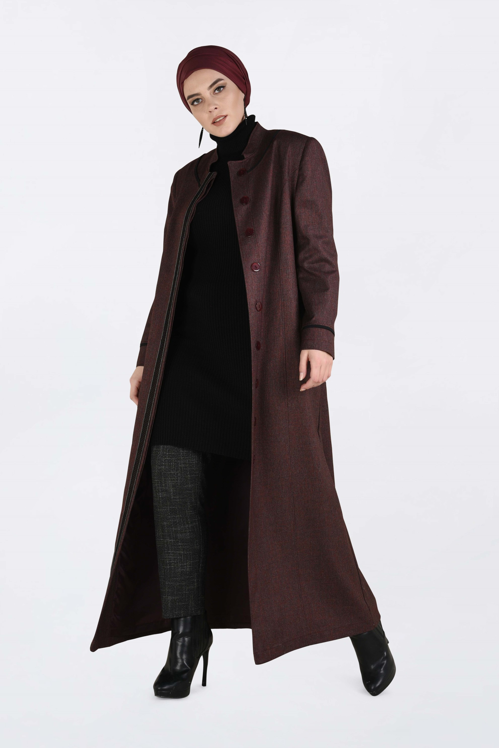 Vêtements hijab ROUGE BORDEAUX PARDESSUS À BOUTONNÉ À COL MAO 1317 