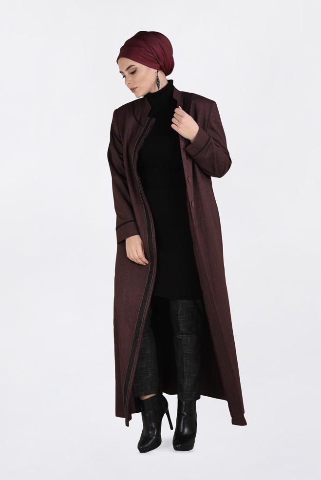 Vêtements hijab ROUGE BORDEAUX PARDESSUS À BOUTONNÉ À COL MAO 1317  - ALVİNA