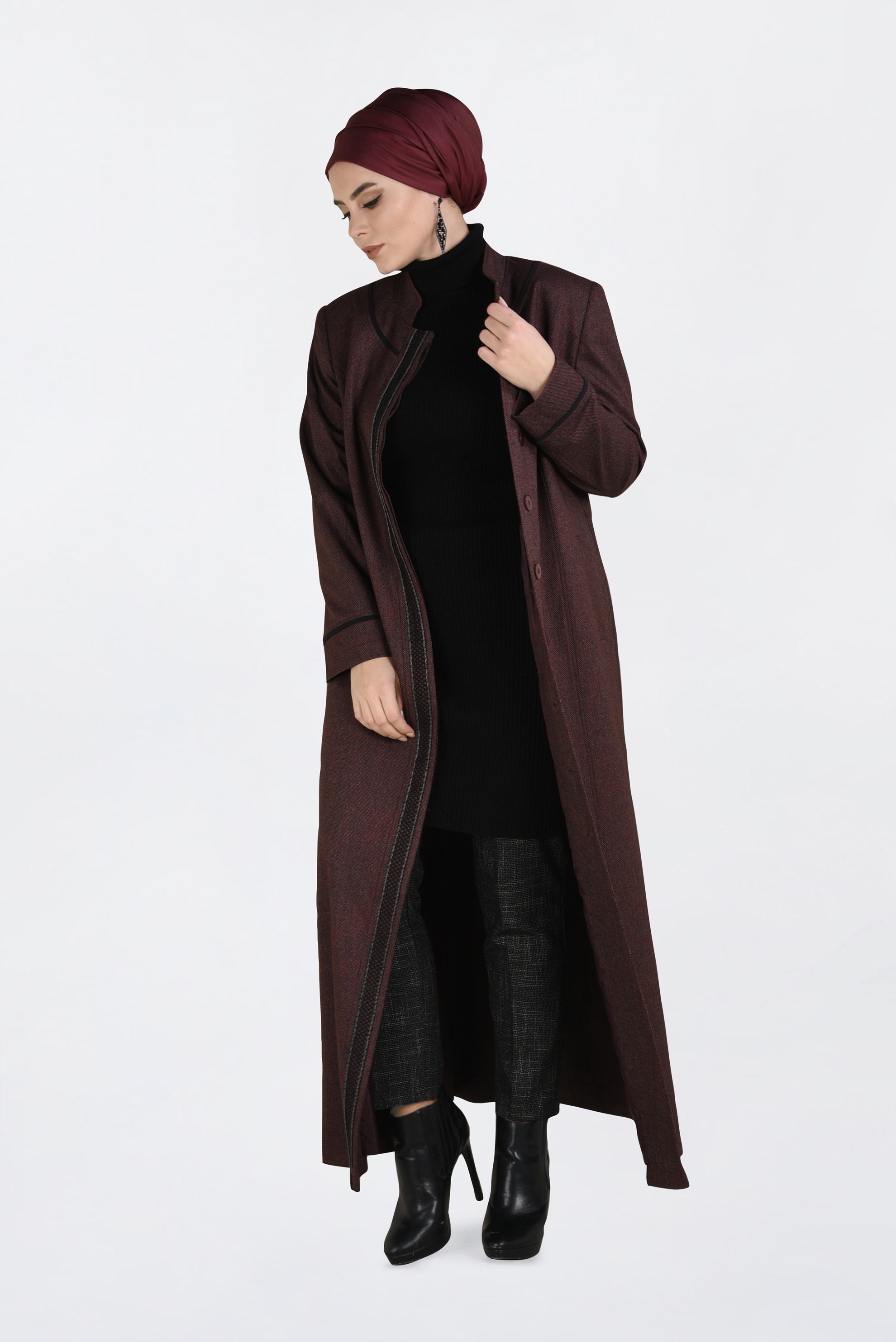 Vêtements hijab ROUGE BORDEAUX PARDESSUS À BOUTONNÉ À COL MAO 1317 