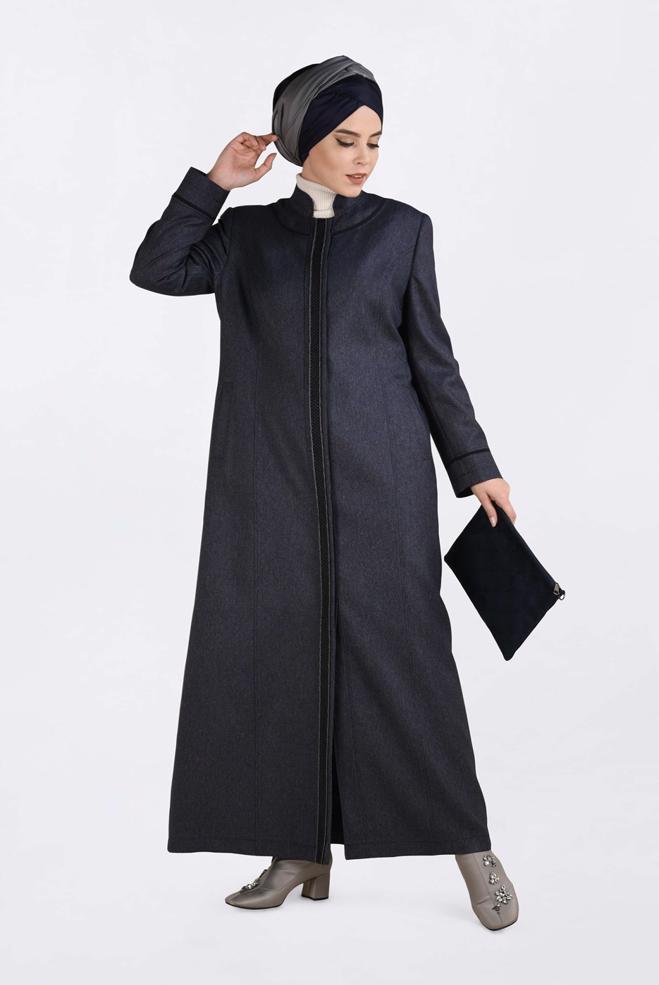 Vêtements hijab BLEU MARINE PARDESSUS À BOUTONNÉ À COL MAO 1317  - ALVİNA