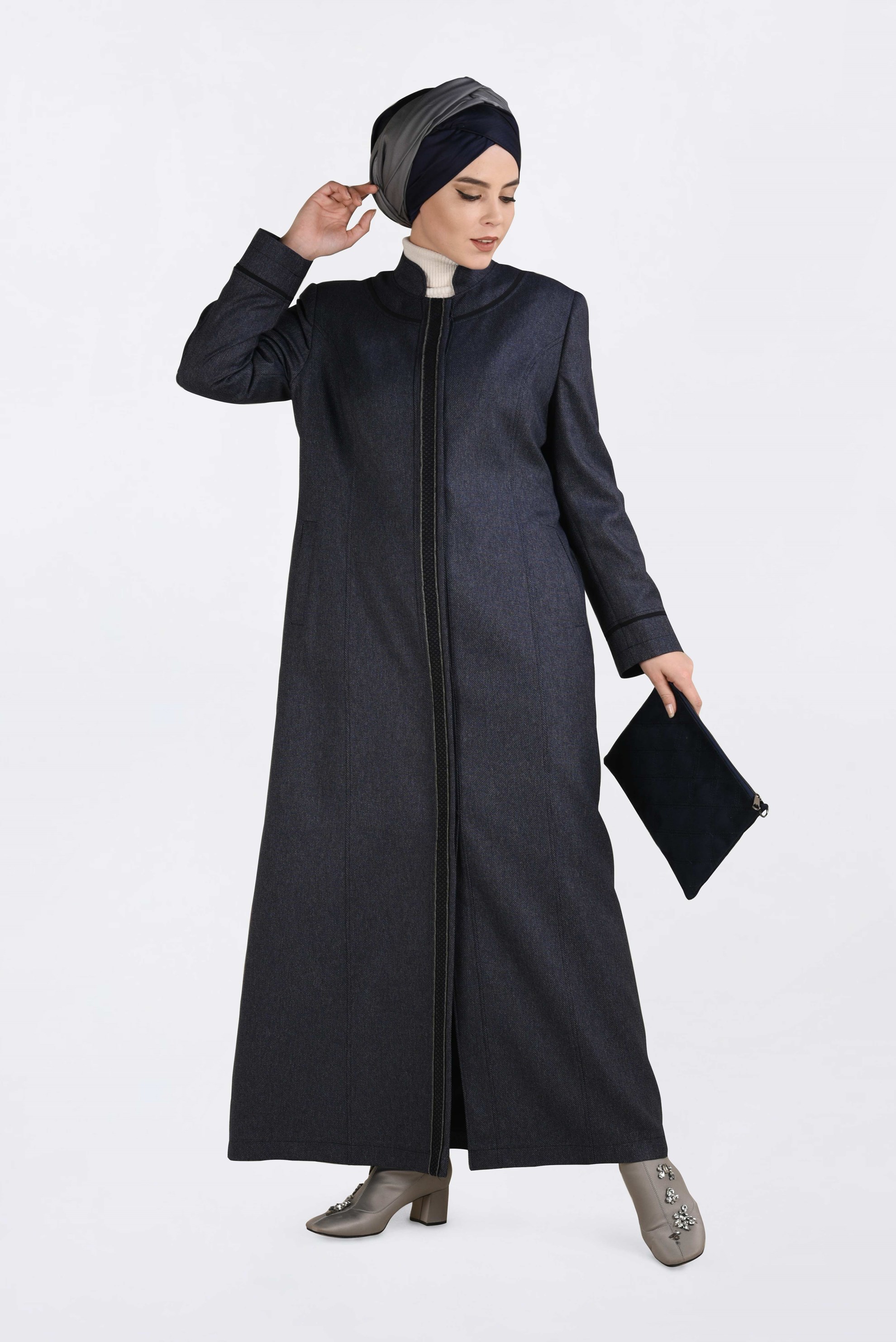 Hijab clothing NAVY BLUE HIDDEN BUTTONED MANDARIN COLLAR TOPCOAT 1317 
