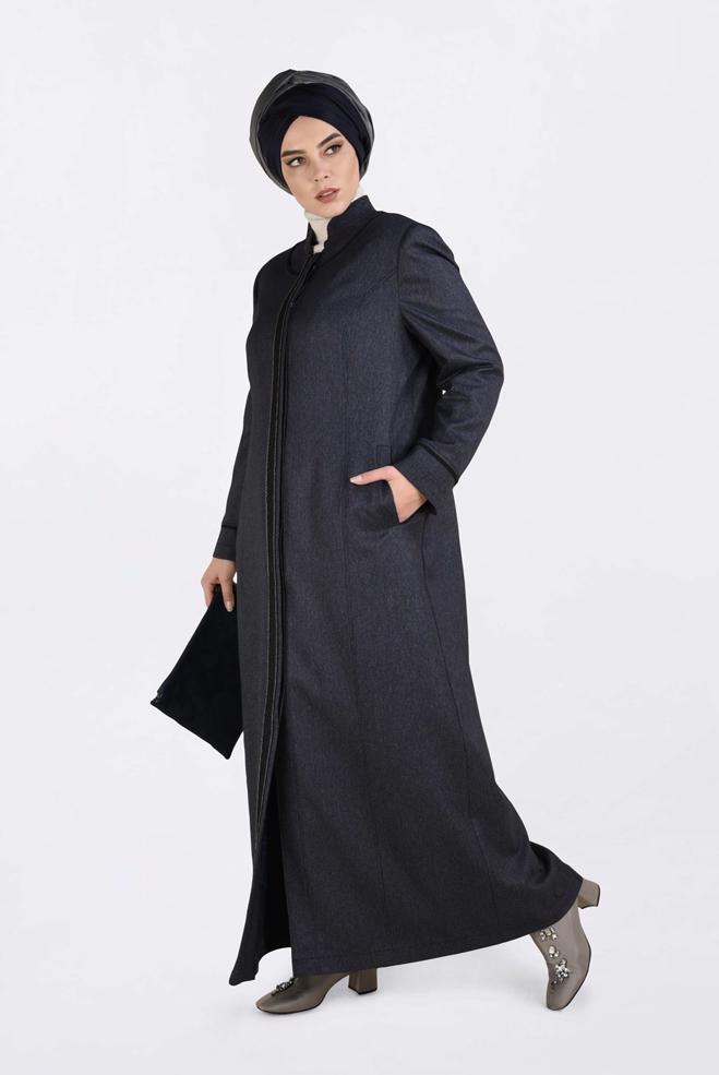 Vêtements hijab BLEU MARINE PARDESSUS À BOUTONNÉ À COL MAO 1317  - ALVİNA