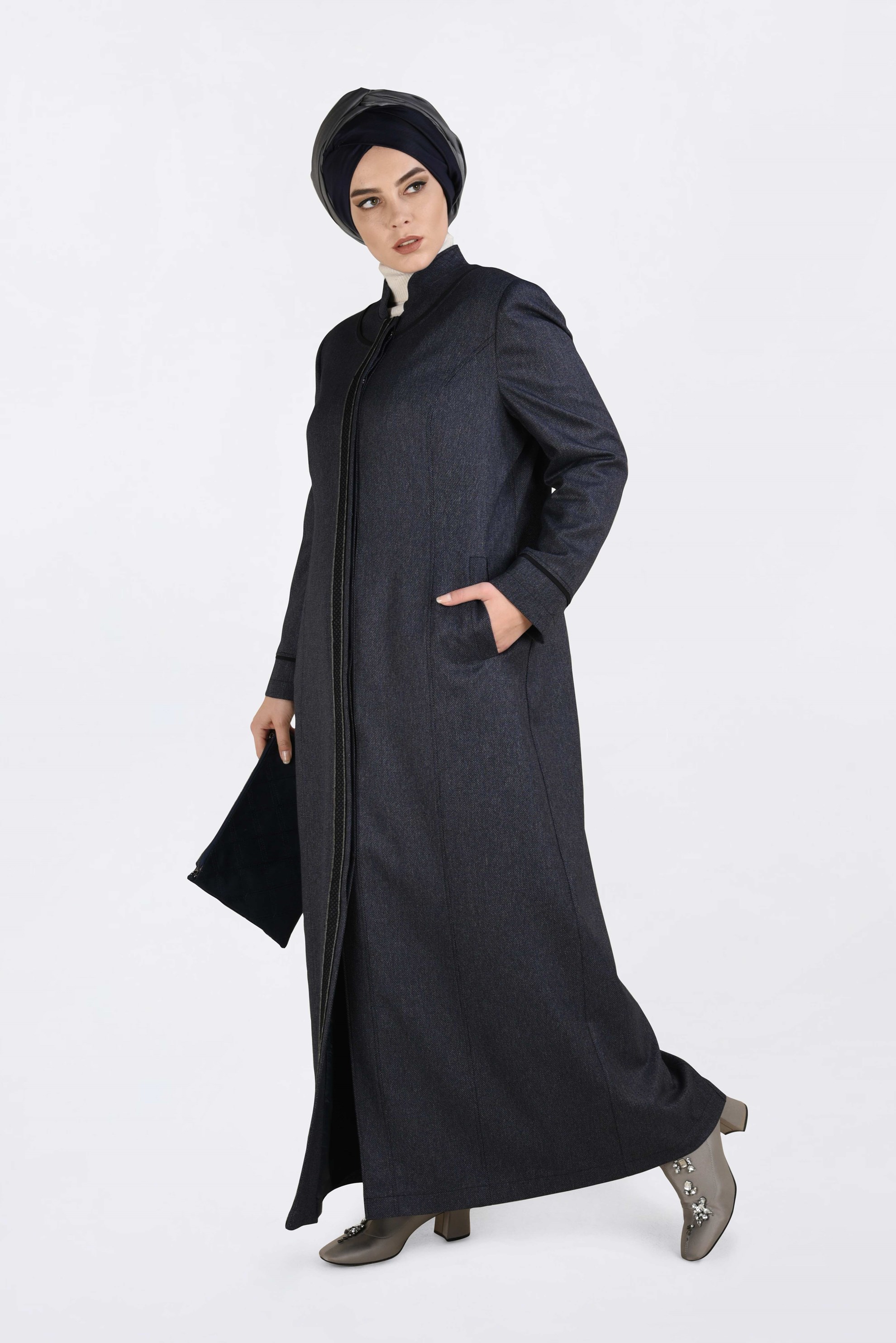 Hijab clothing NAVY BLUE HIDDEN BUTTONED MANDARIN COLLAR TOPCOAT 1317 
