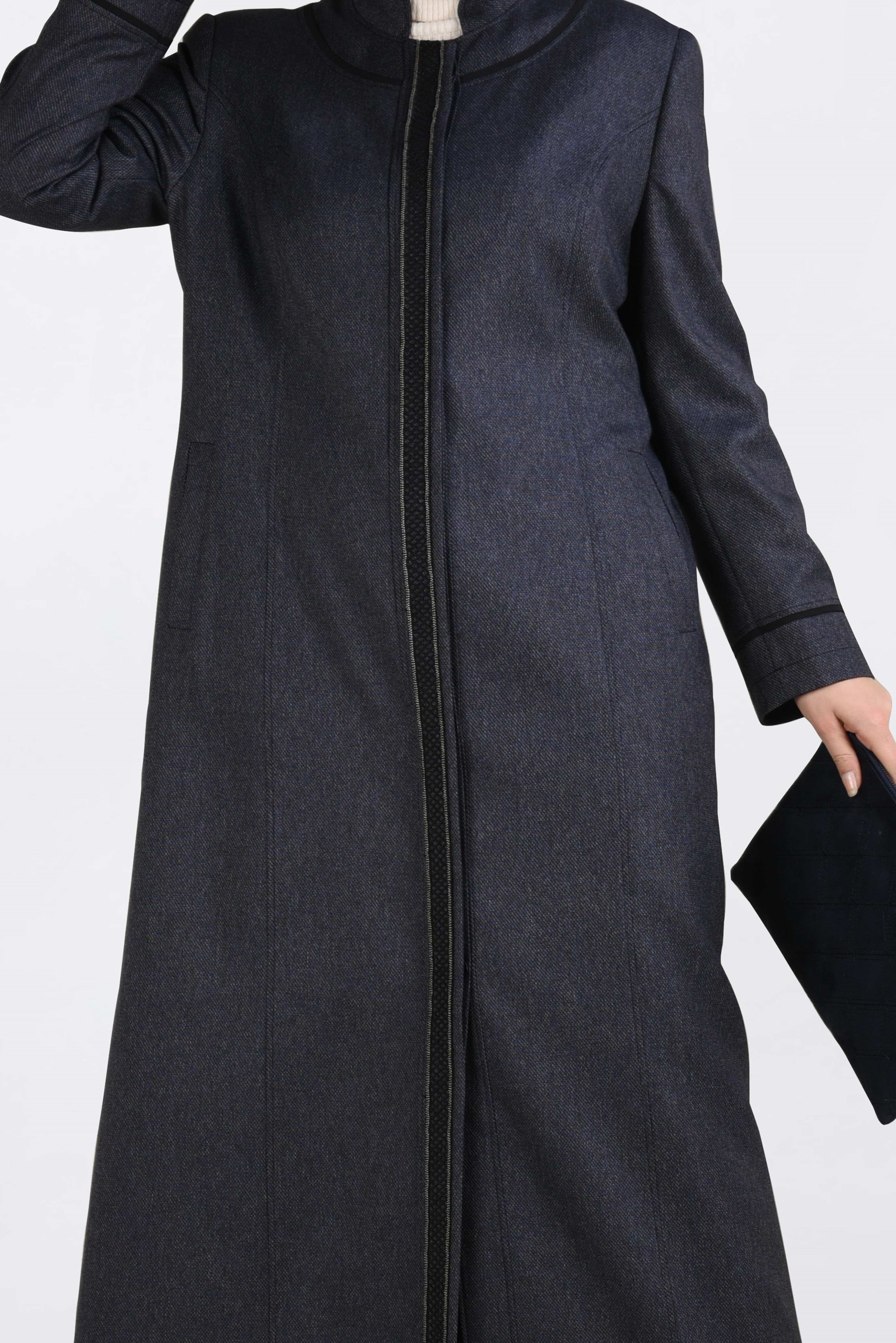 Hijab clothing NAVY BLUE HIDDEN BUTTONED MANDARIN COLLAR TOPCOAT 1317 