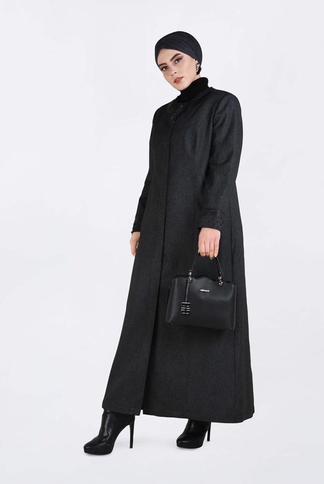 Tesettür giyim SİYAH İNCİ İŞLEMELİ PARDESÜ 1318  - ALVİNA