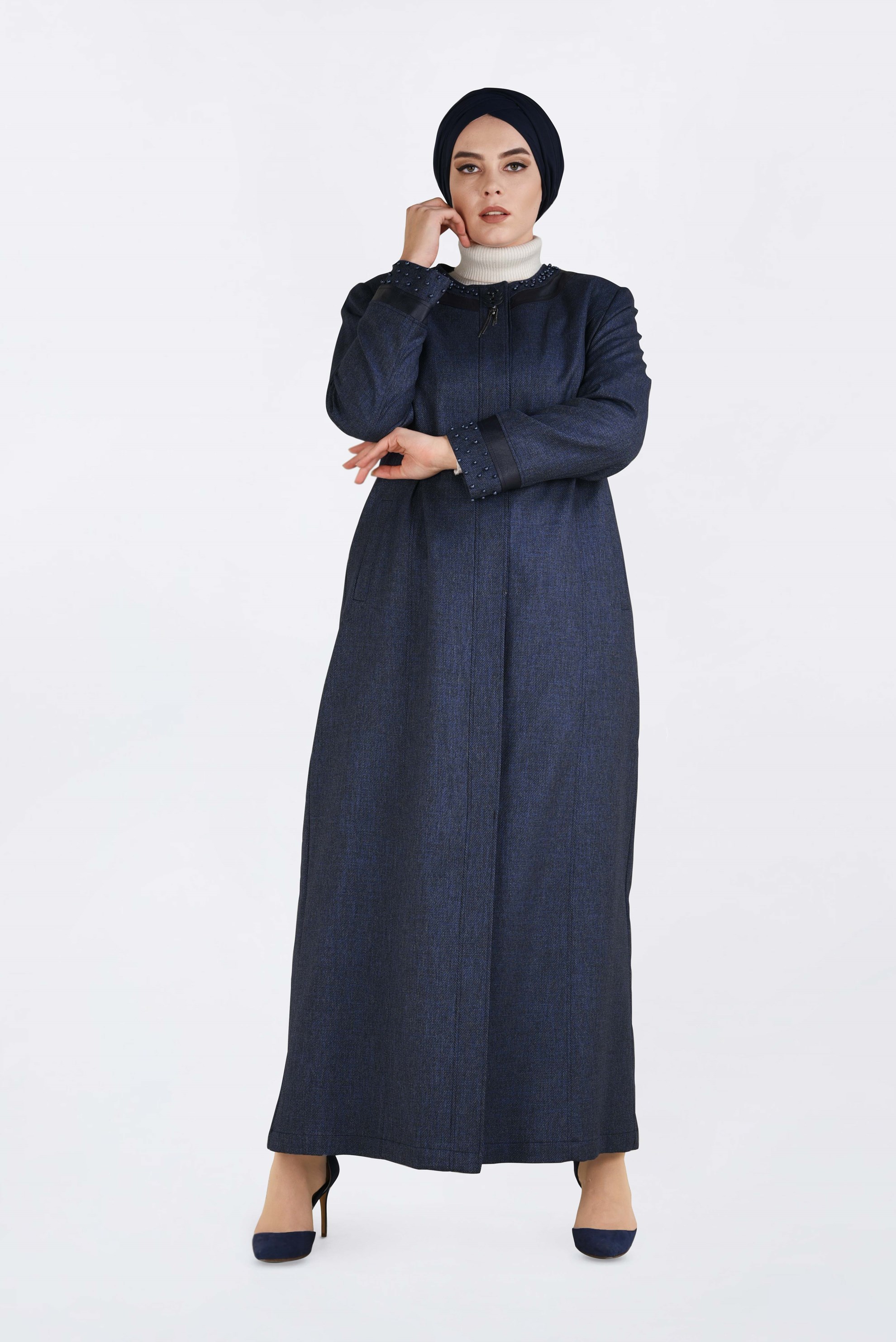 Hijab clothing NAVY BLUE PEARL DETAILED TOPCOAT 1318 