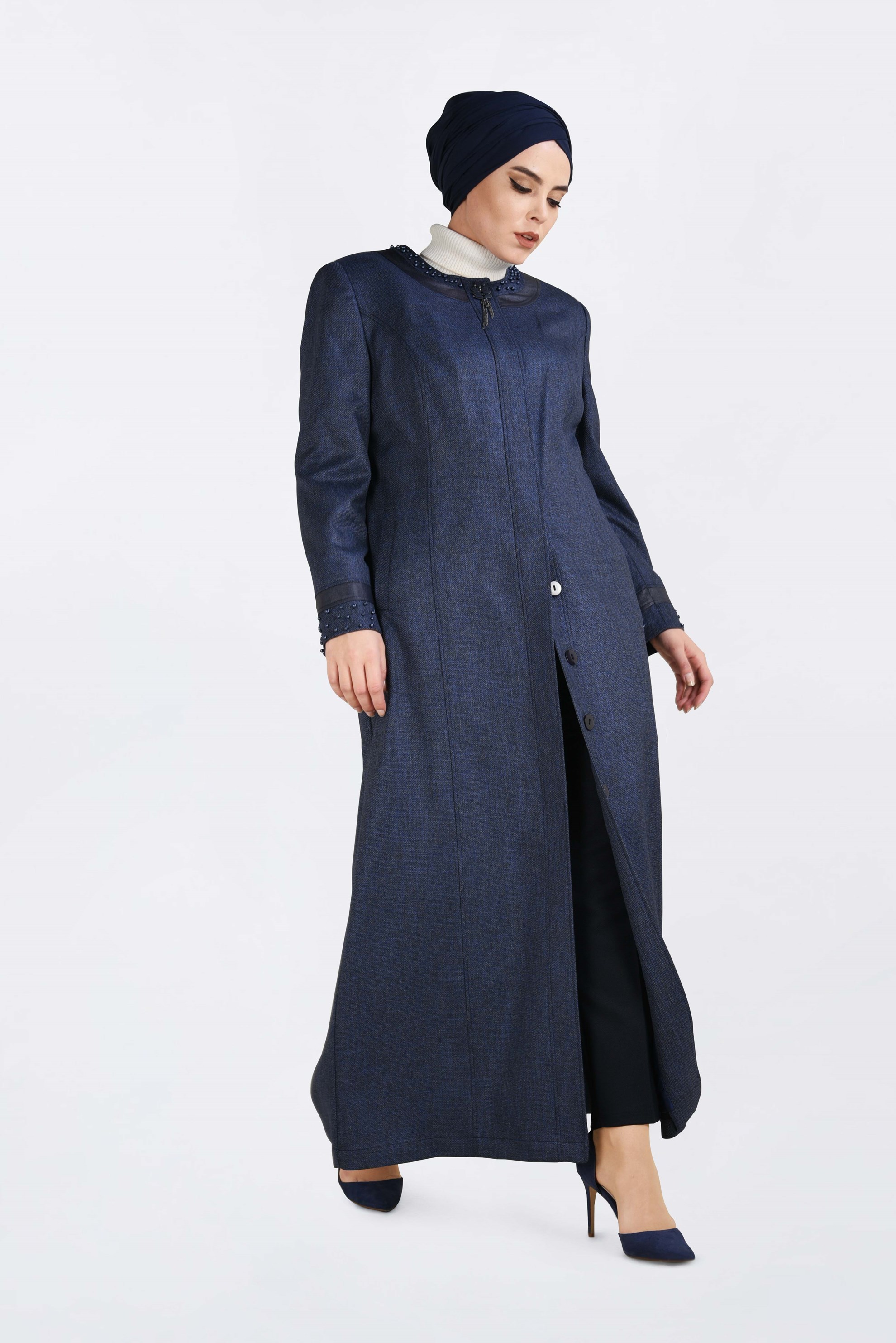 Hijab clothing NAVY BLUE PEARL DETAILED TOPCOAT 1318 