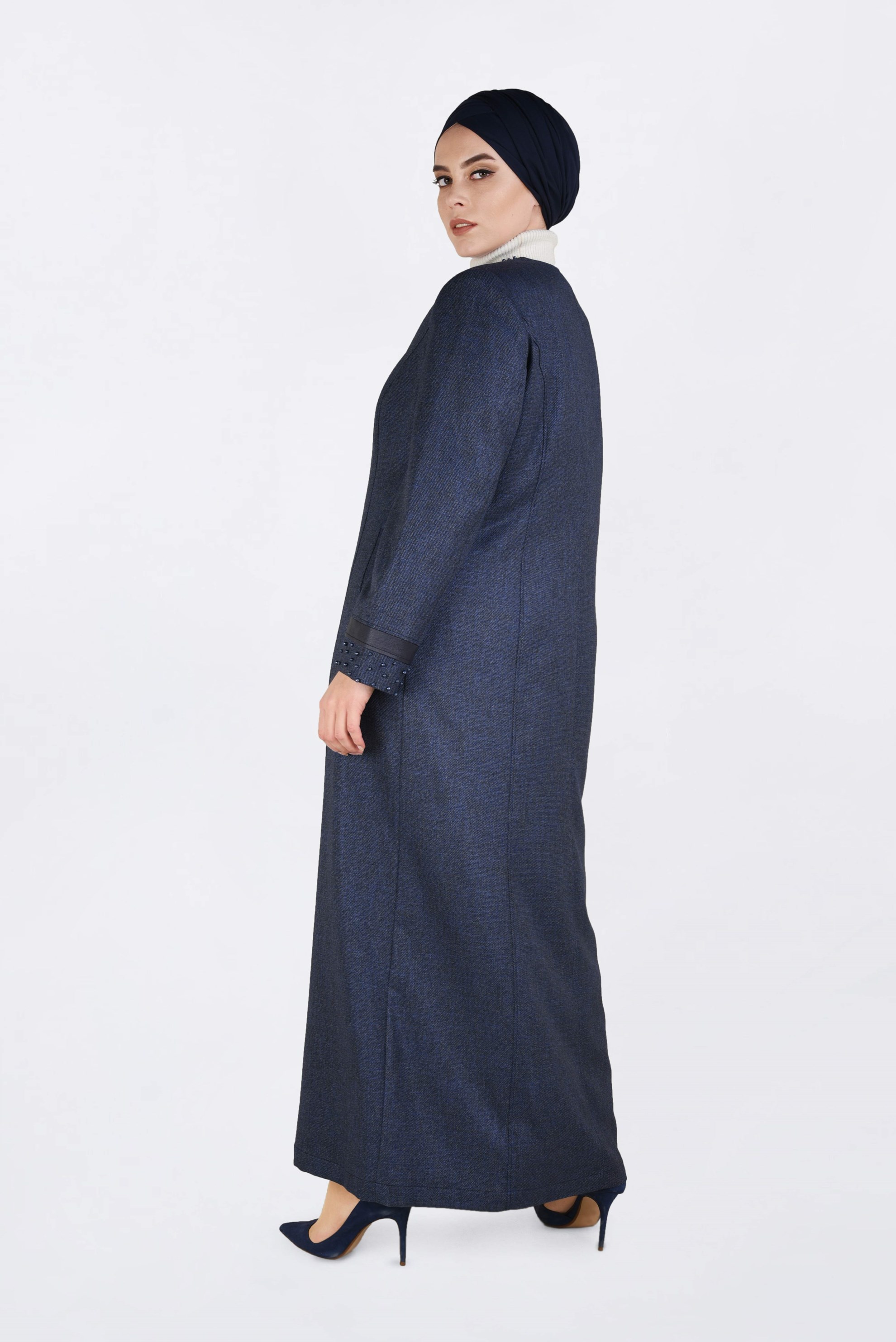 Hijab clothing NAVY BLUE PEARL DETAILED TOPCOAT 1318 
