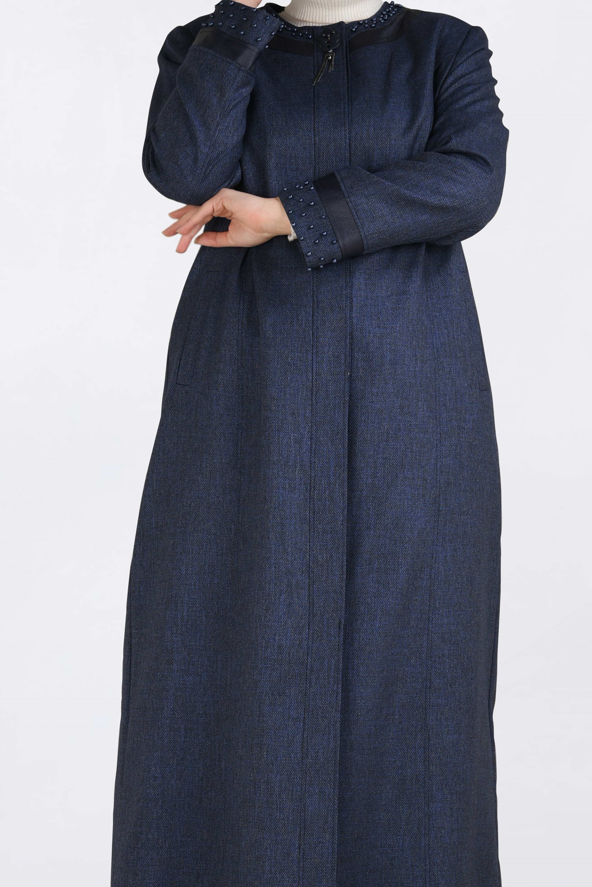 Hijab clothing NAVY BLUE PEARL DETAILED TOPCOAT 1318 