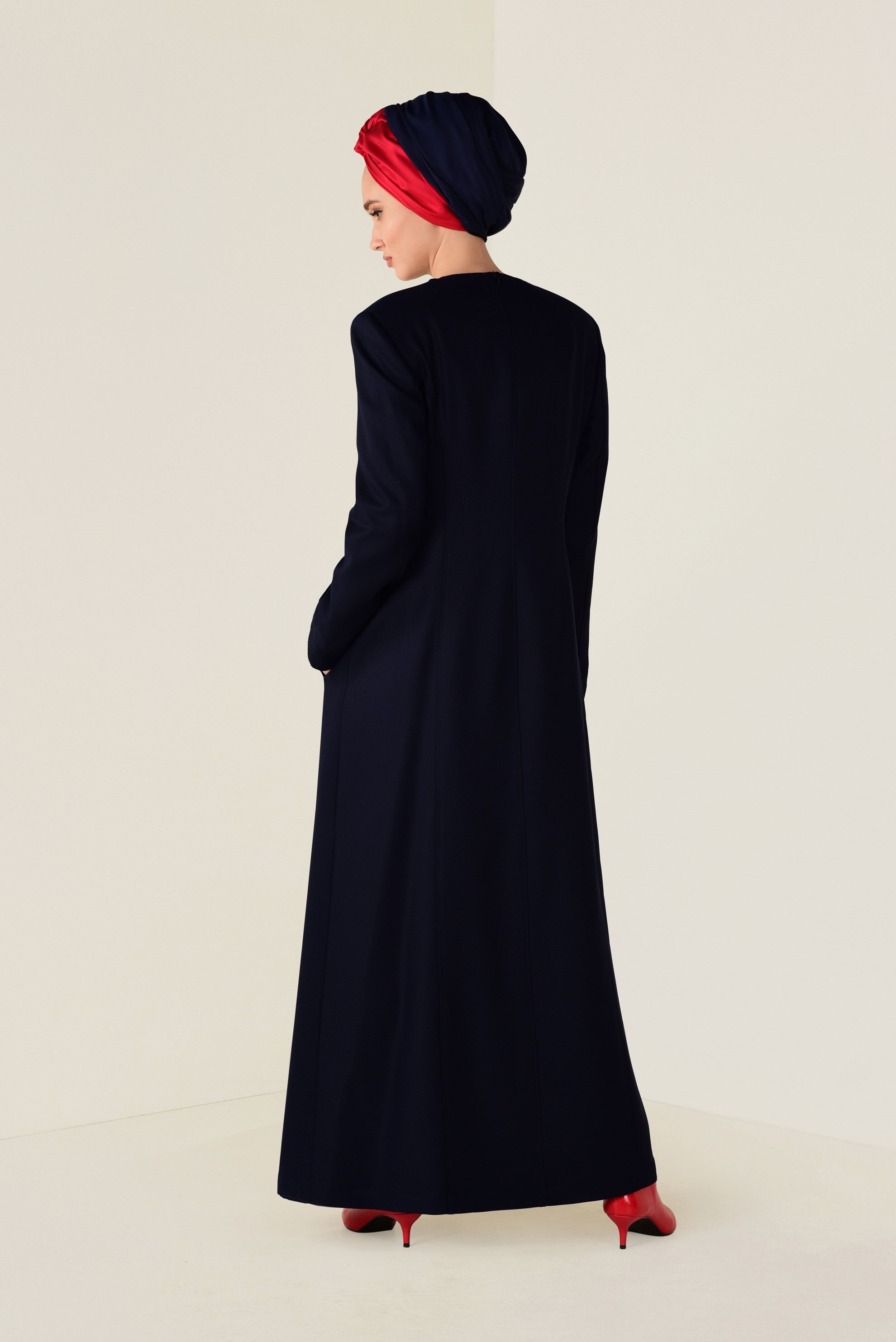 Tesettür giyim LACİVERT FİLE VE DERİ DETAYLI PARDESÜ 1321 