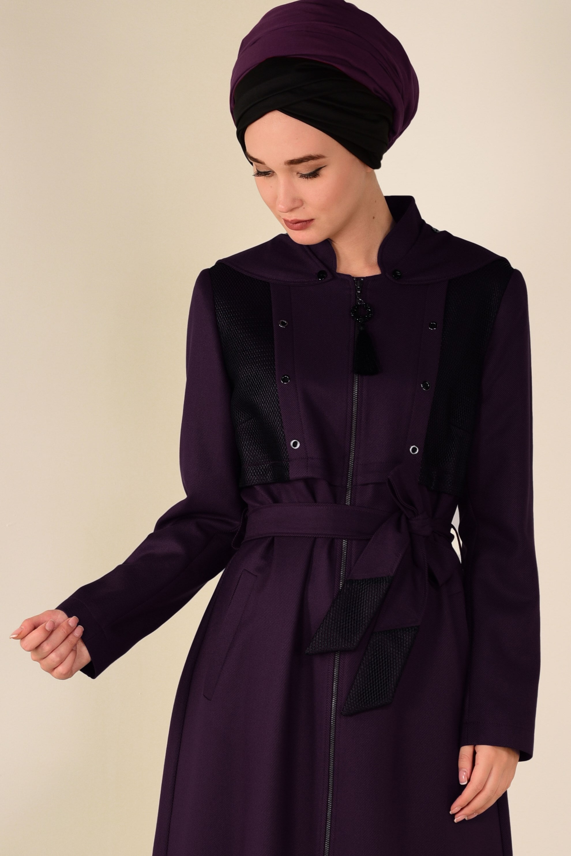 Tesettür giyim MÜRDÜM BELİ KUŞAKLI KAPÜŞONLU PARDESÜ 1322 
