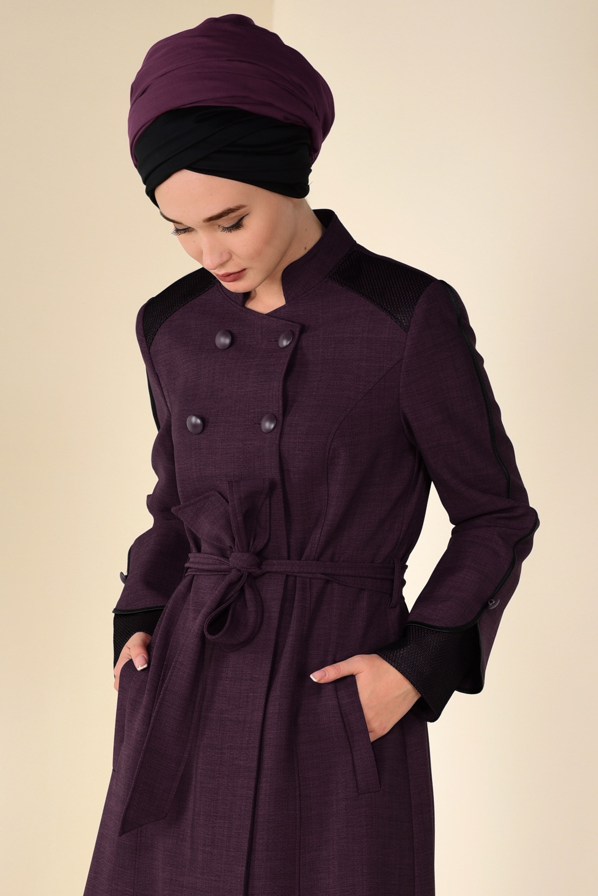 Tesettür giyim MÜRDÜM BELİ KUŞAKLI DÜĞMELİ PARDESÜ 1330 