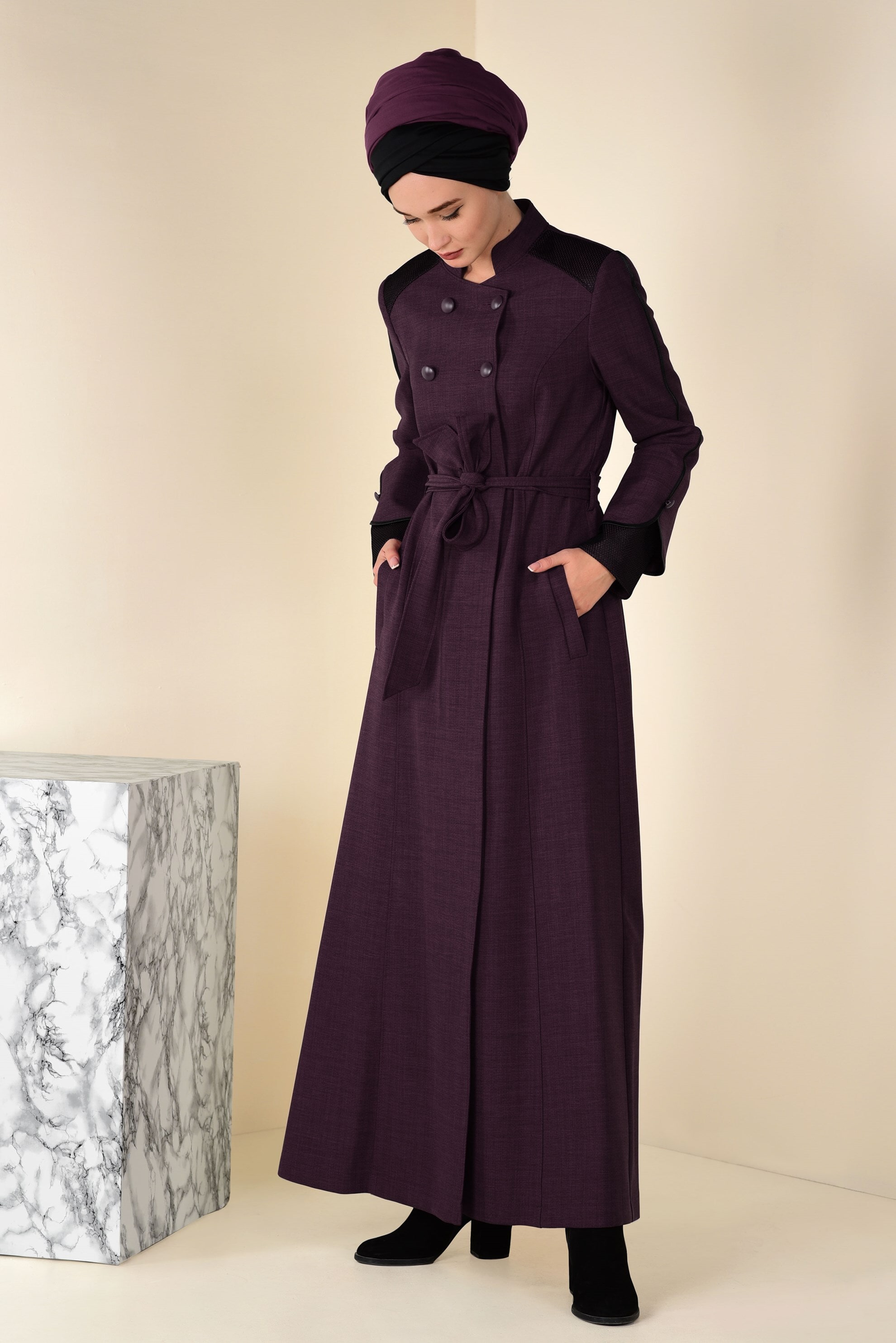 Tesettür giyim MÜRDÜM BELİ KUŞAKLI DÜĞMELİ PARDESÜ 1330 