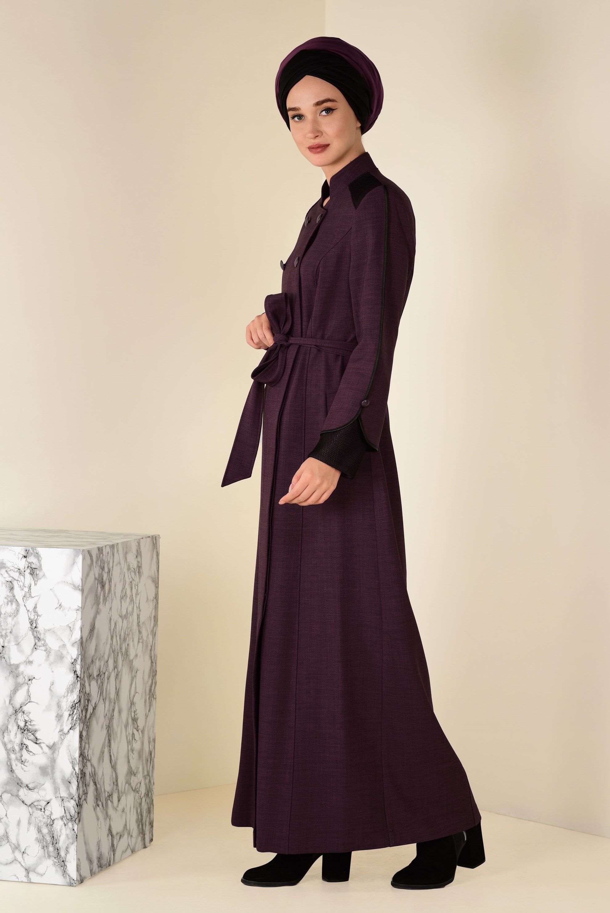 Tesettür giyim MÜRDÜM BELİ KUŞAKLI DÜĞMELİ PARDESÜ 1330 