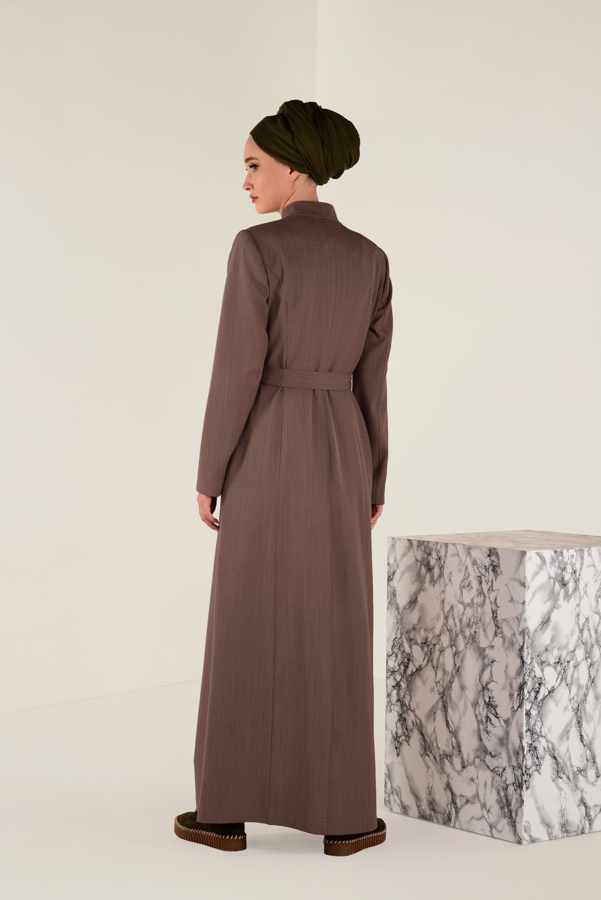 Tesettür giyim KAHVE HAKİM YAKA NAKIŞLI PARDESÜ 1335 