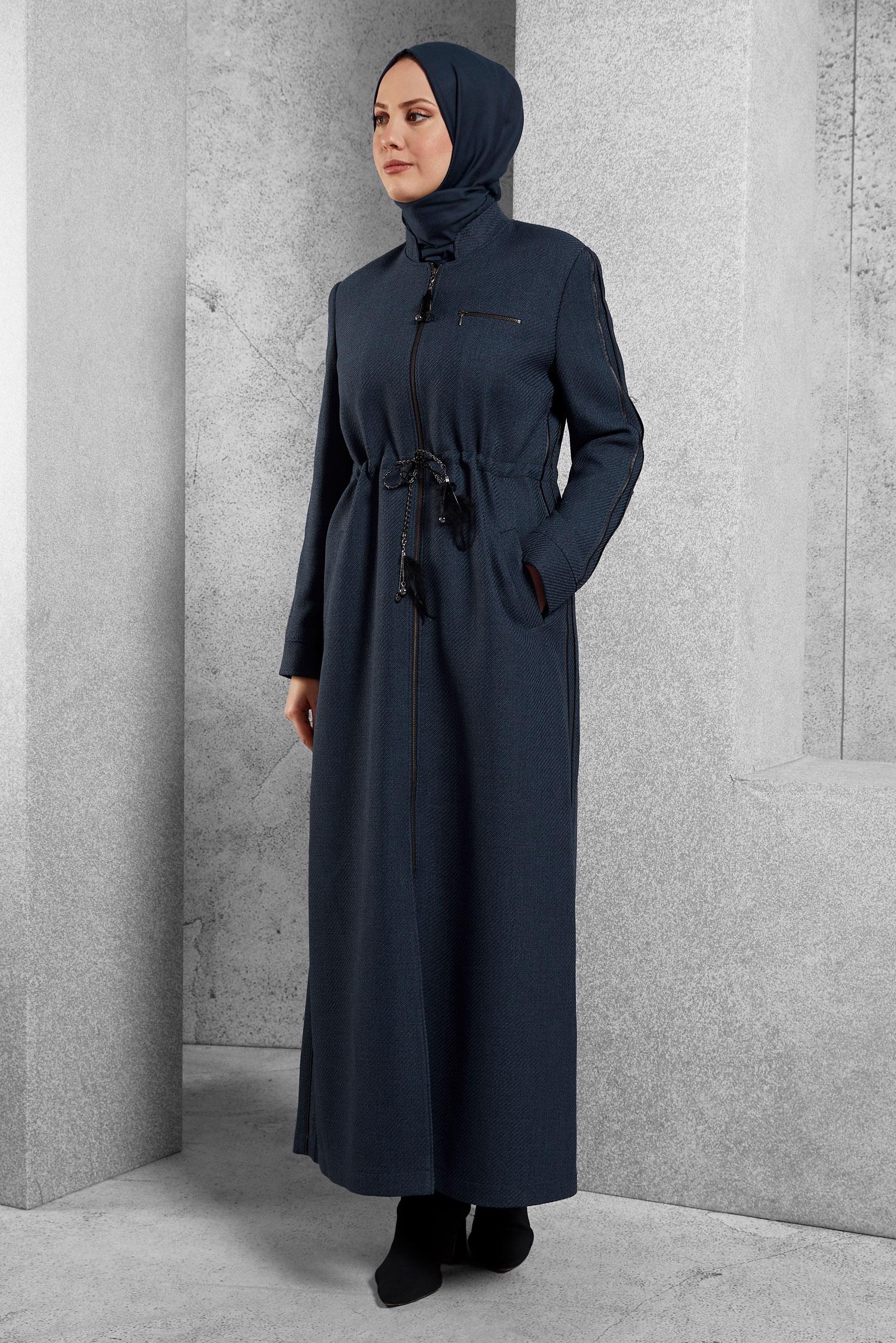 Vêtements hijab BLEU MARINE COAT DE FINITION À COL MAO 1338