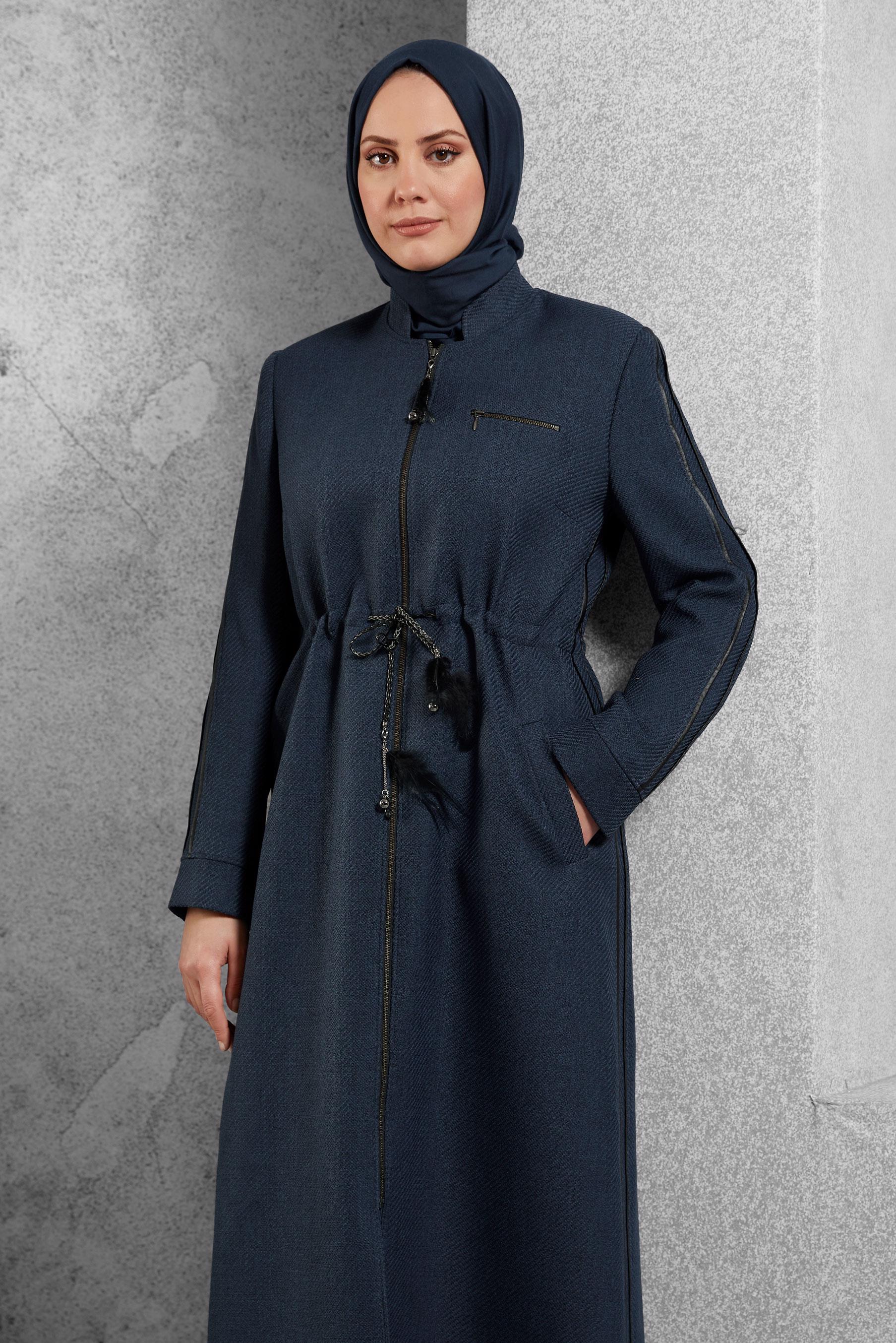Vêtements hijab BLEU MARINE COAT DE FINITION À COL MAO 1338