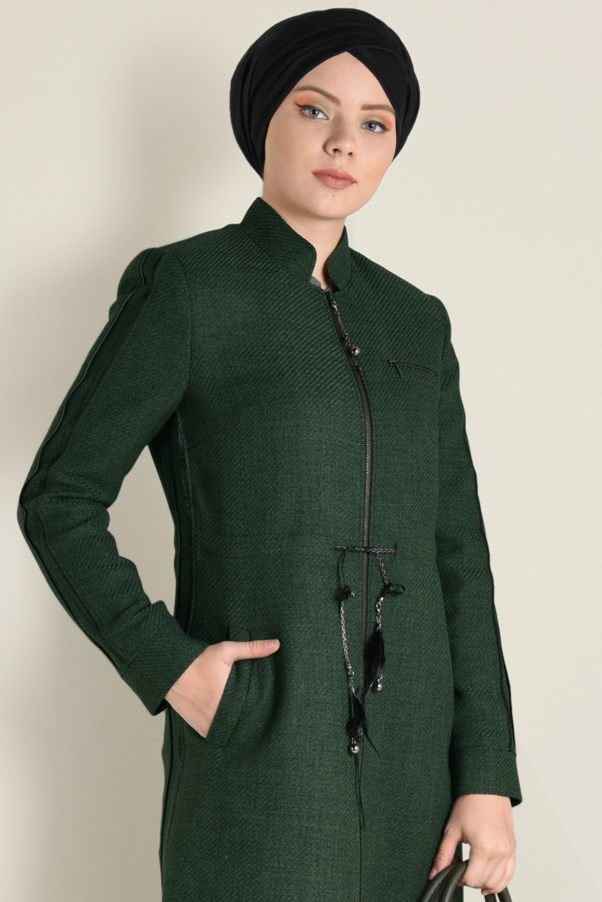 Tesettür giyim YEŞİL HAKİM YAKA PARDESÜ 1338