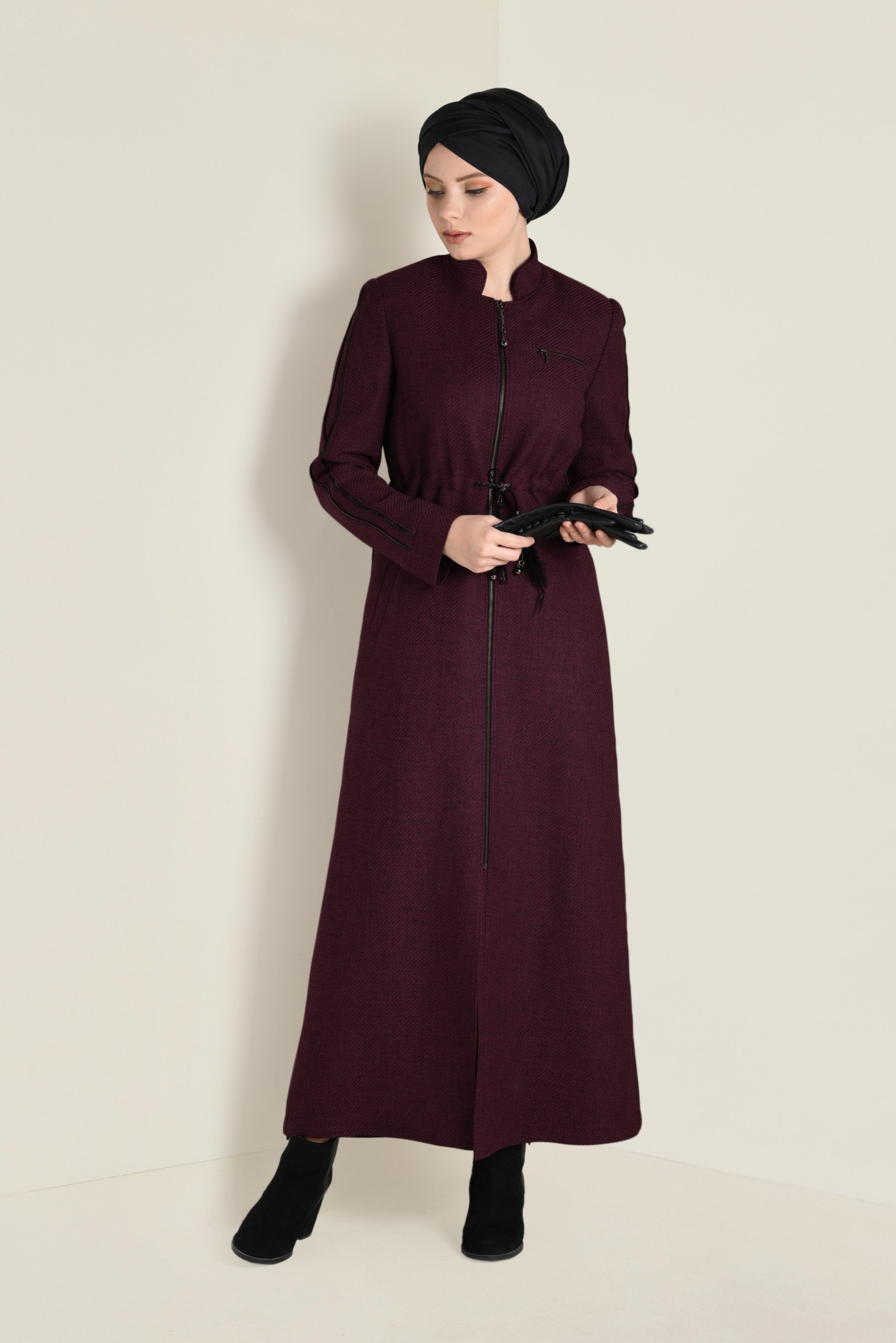 Tesettür giyim BORDO HAKİM YAKA PARDESÜ 1338