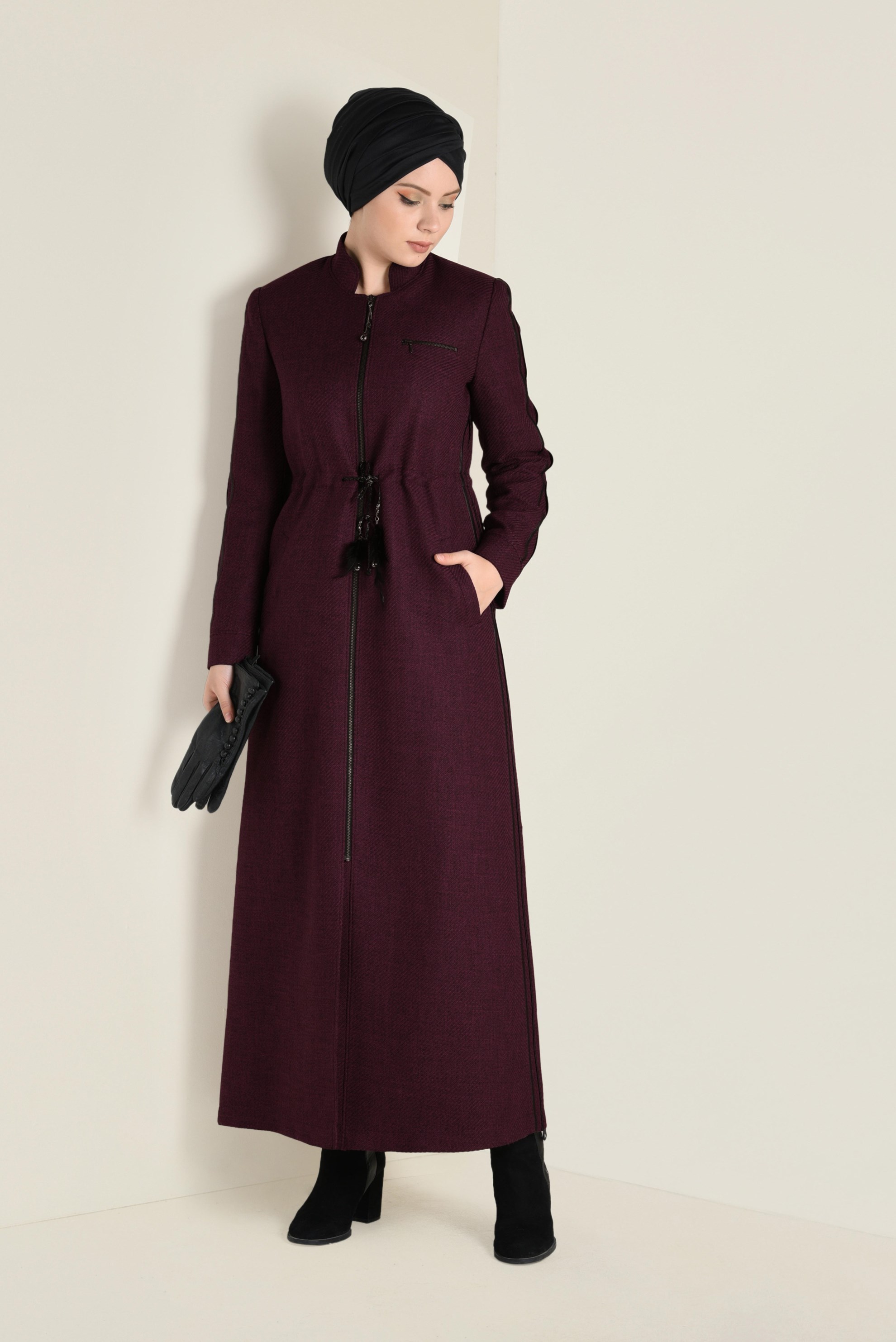 Tesettür giyim BORDO HAKİM YAKA PARDESÜ 1338