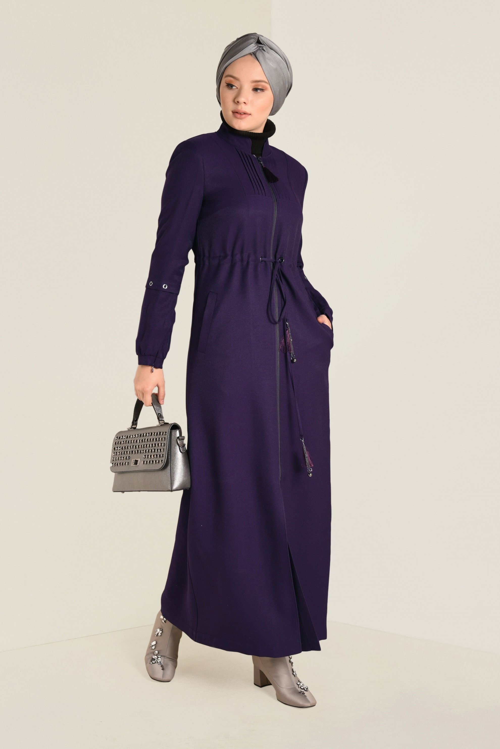 Tesettür giyim MOR HAKİM YAKA FERMUARLI PARDESÜ 1344 