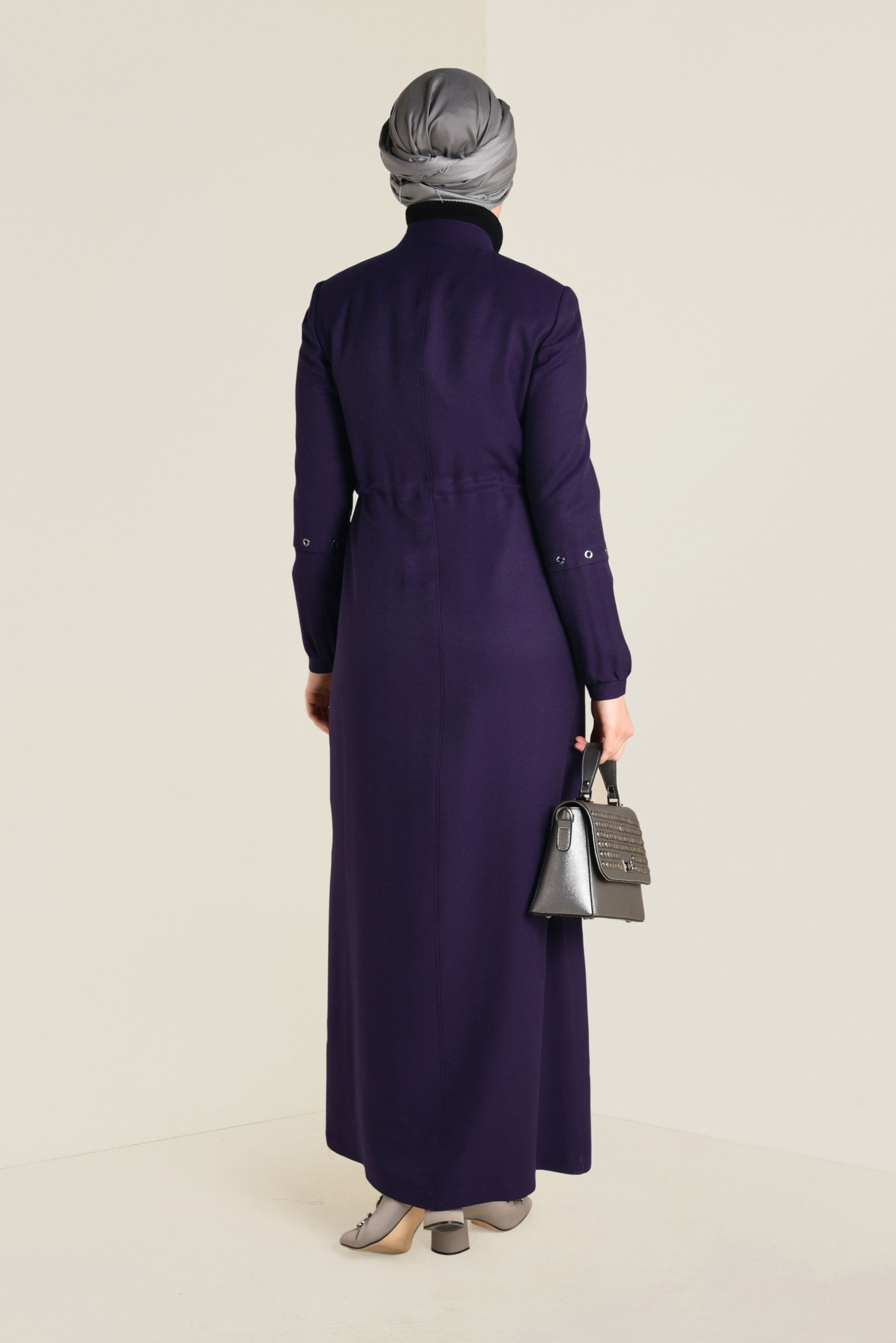Tesettür giyim MOR HAKİM YAKA FERMUARLI PARDESÜ 1344 