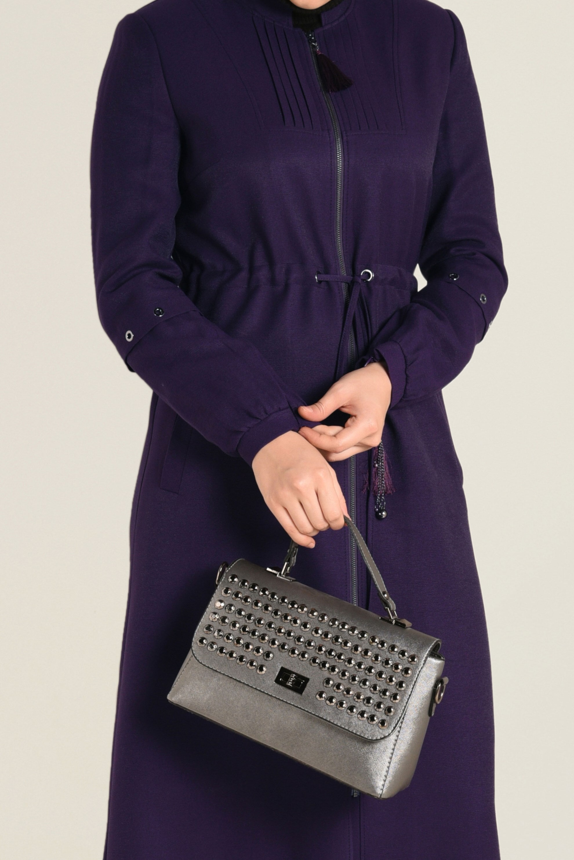 Tesettür giyim MOR HAKİM YAKA FERMUARLI PARDESÜ 1344 