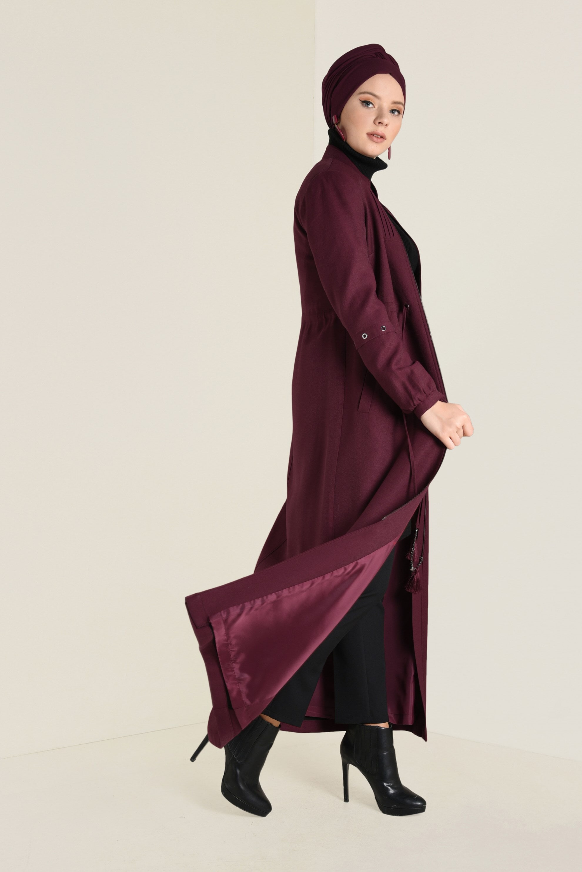 Tesettür giyim BORDO HAKİM YAKA FERMUARLI PARDESÜ 1344 