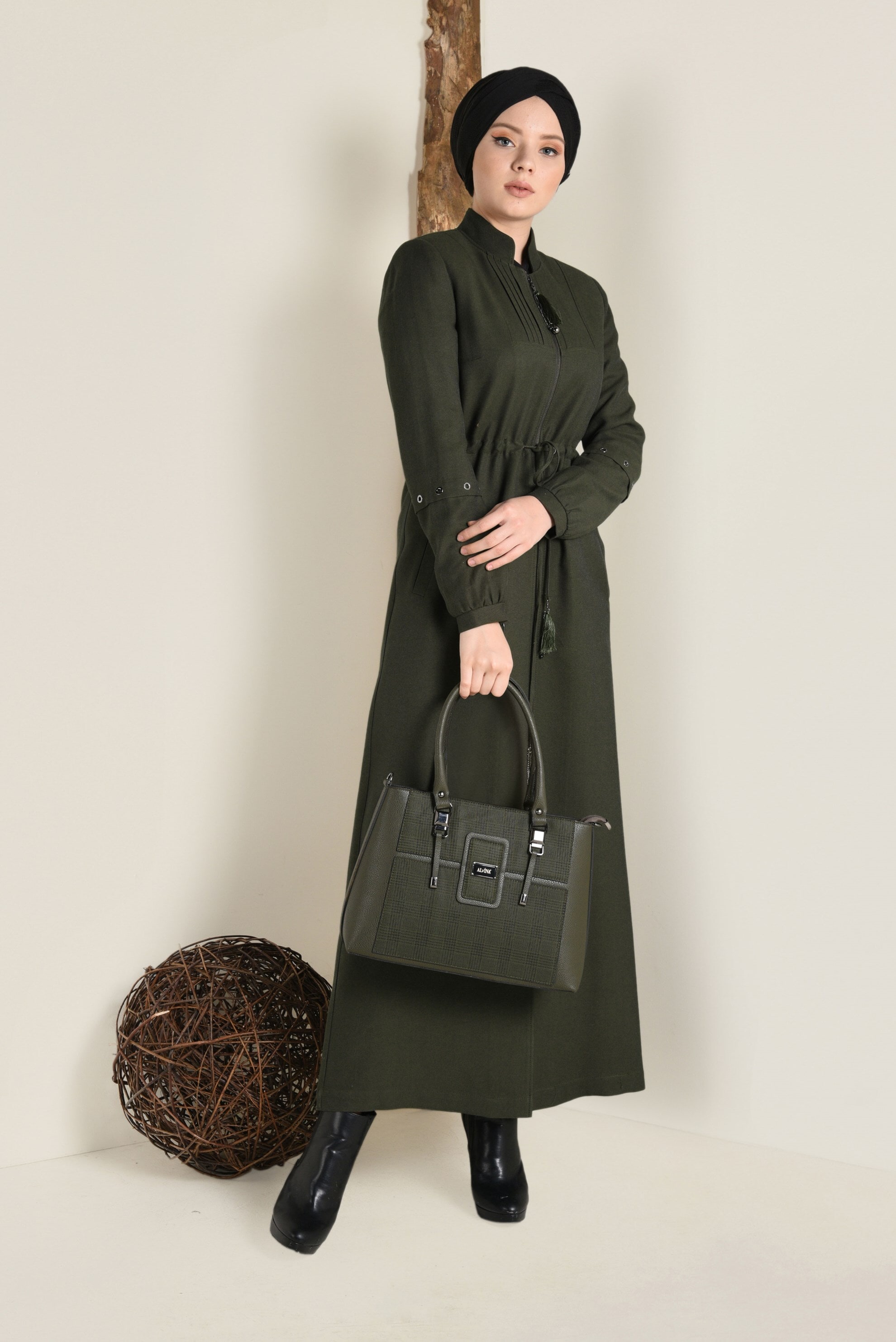 Tesettür giyim HAKİ HAKİM YAKA FERMUARLI PARDESÜ 1344 