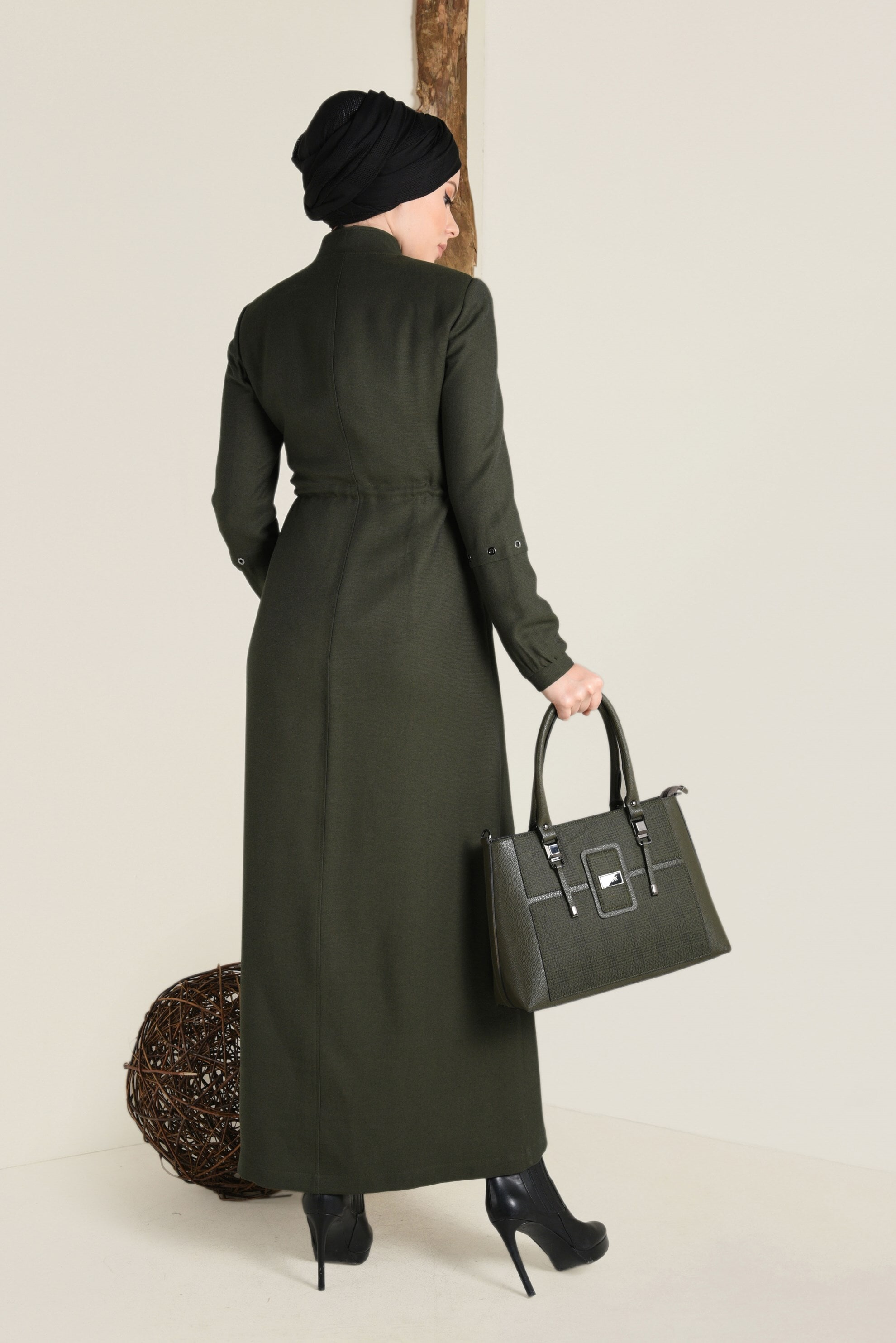 Tesettür giyim HAKİ HAKİM YAKA FERMUARLI PARDESÜ 1344 